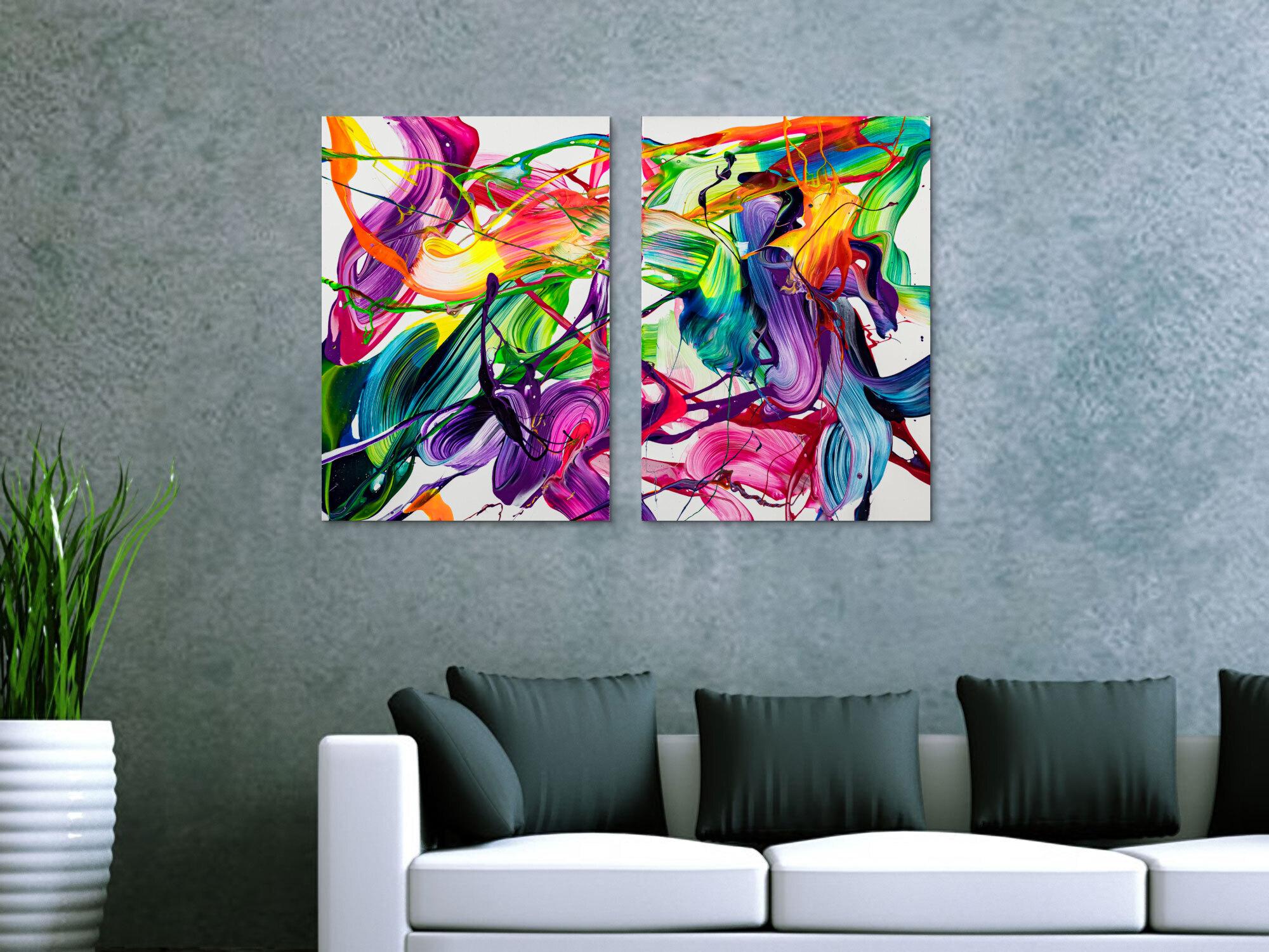 Original Gemälde abstrakt 70x100cm Action Painting expressionistisch auf Leinwand Fluid Painting bunt weiß blau einzigartig