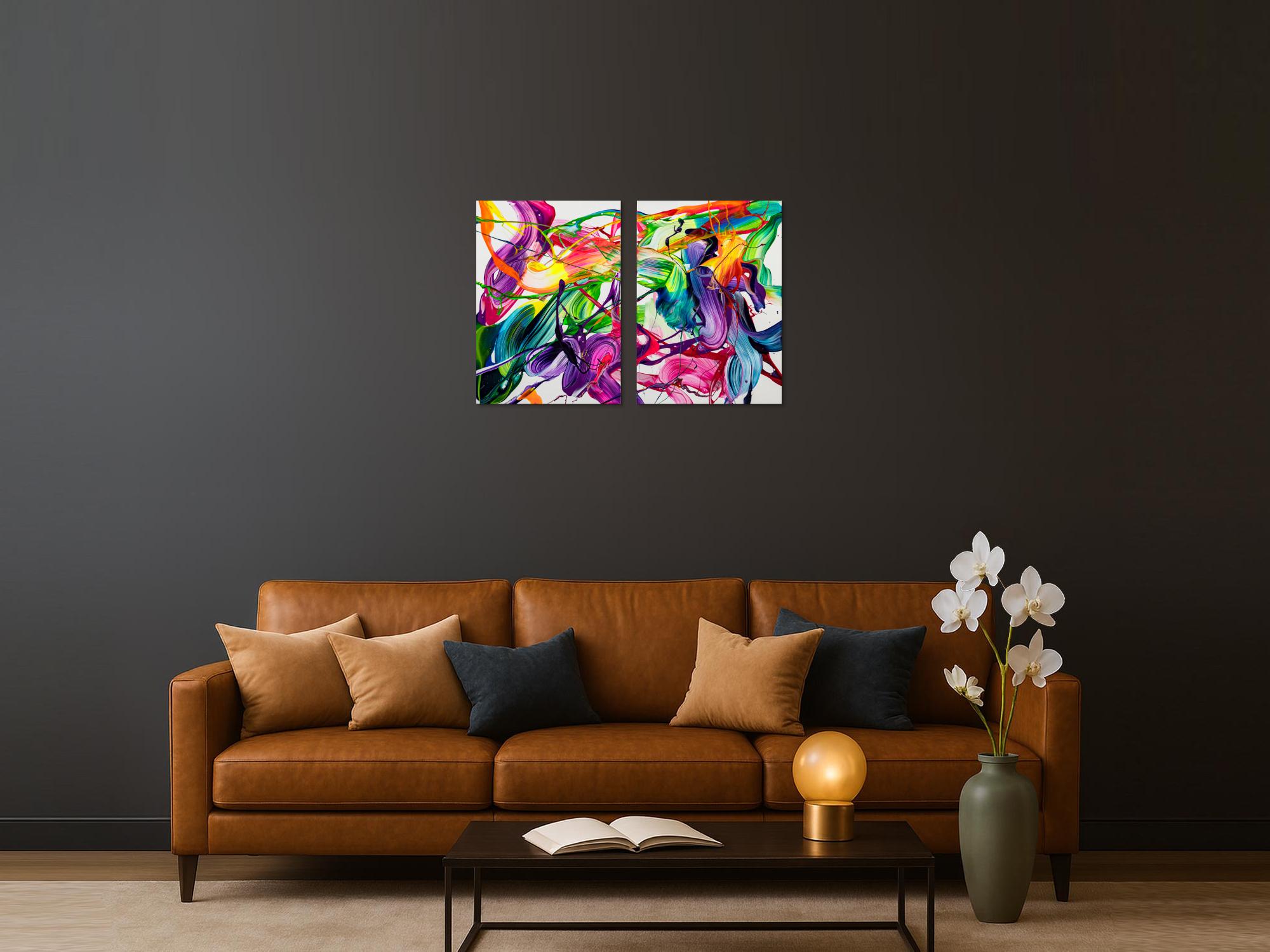 Original Gemälde abstrakt 70x100cm Action Painting expressionistisch auf Leinwand Fluid Painting bunt weiß blau einzigartig