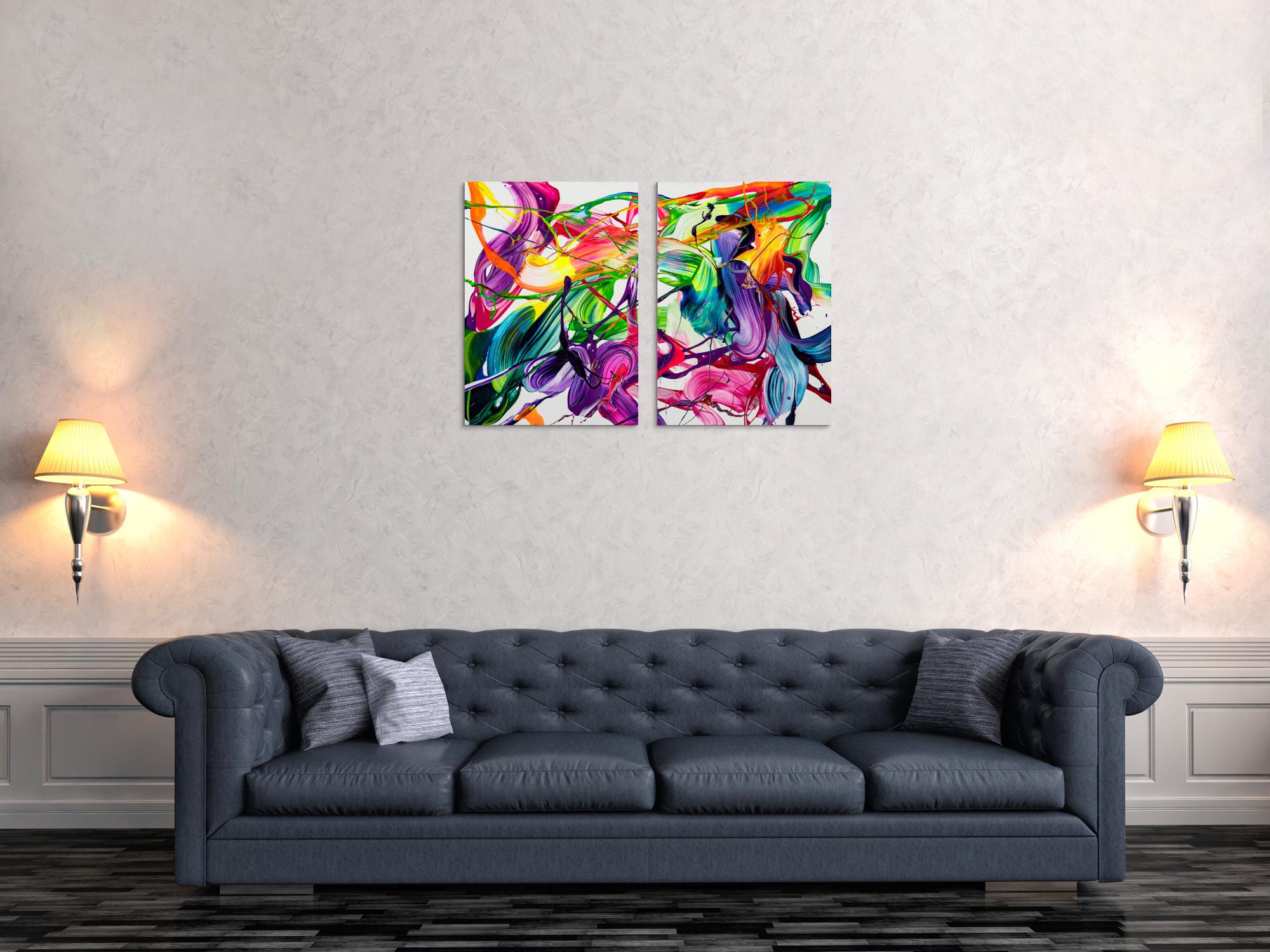 Original Gemälde abstrakt 70x100cm Action Painting expressionistisch auf Leinwand Fluid Painting bunt weiß blau einzigartig