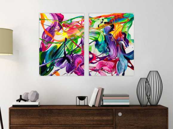 Original Gemälde abstrakt 70x100cm Action Painting expressionistisch auf Leinwand Fluid Painting bunt weiß blau einzigartig