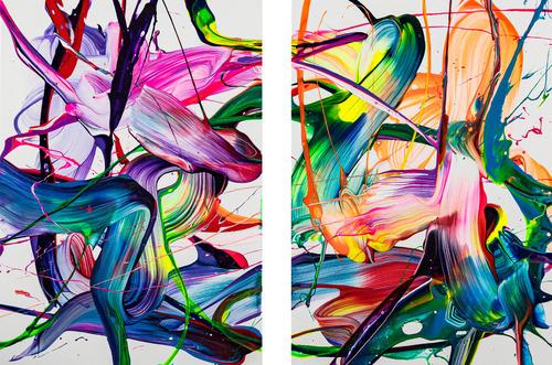 Abstraktes Original Gemälde 70x100cm Action Painting zeitgenössisch handgemalt Fluid Painting bunt weiß blau einzigartig