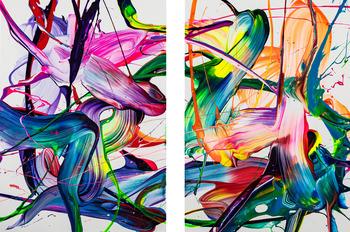 Abstraktes Original Gemälde 70x100cm Action Painting zeitgenössisch handgemalt Fluid Painting bunt weiß blau einzigartig