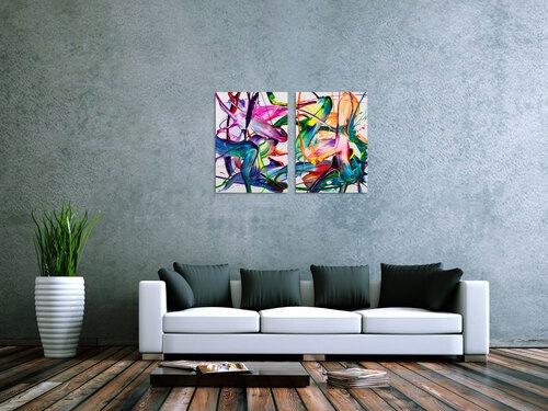 Abstraktes Original Gemälde 70x100cm Action Painting zeitgenössisch handgemalt Fluid Painting bunt weiß blau einzigartig