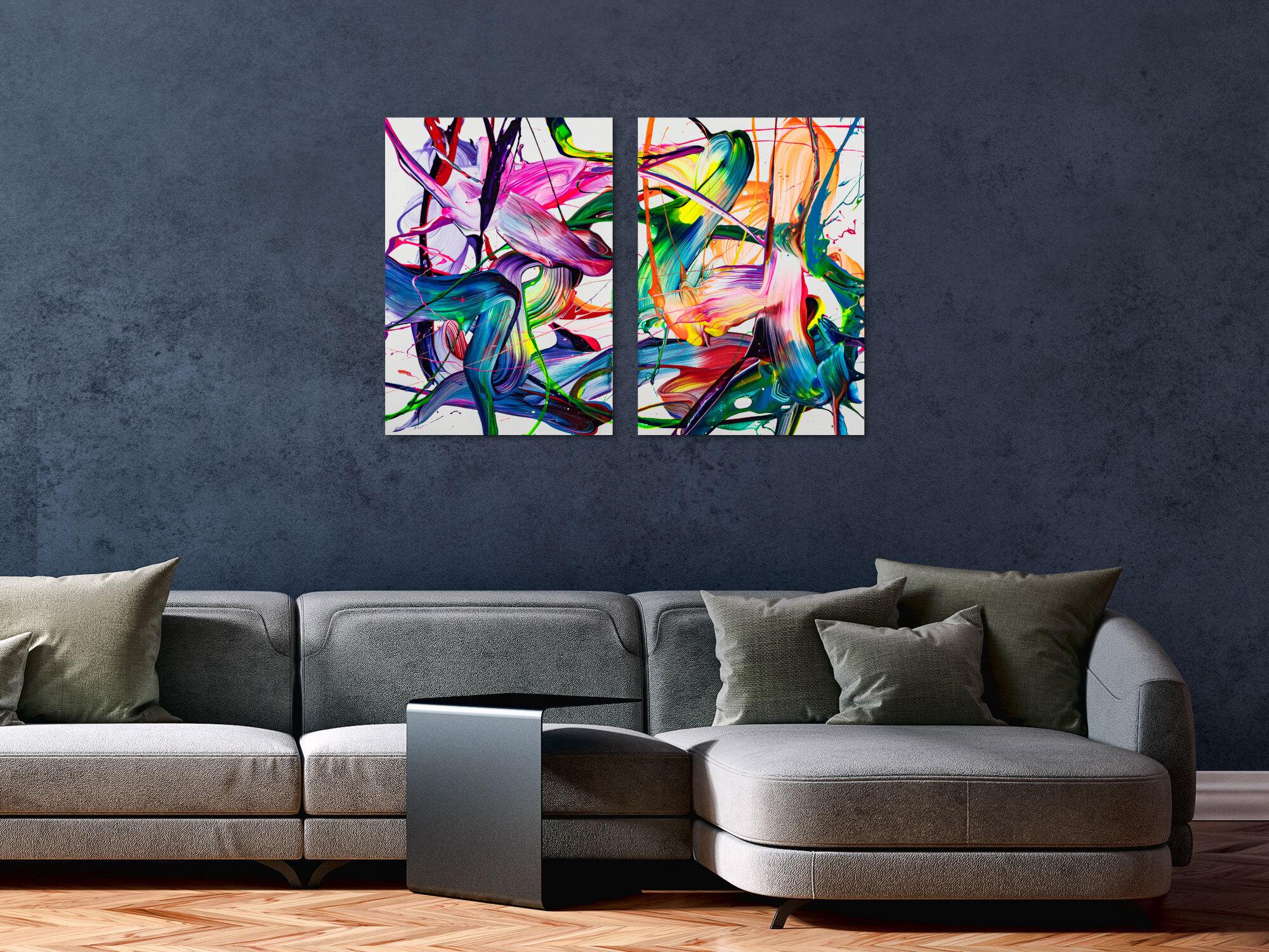 Abstraktes Original Gemälde 70x100cm Action Painting zeitgenössisch handgemalt Fluid Painting bunt weiß blau einzigartig