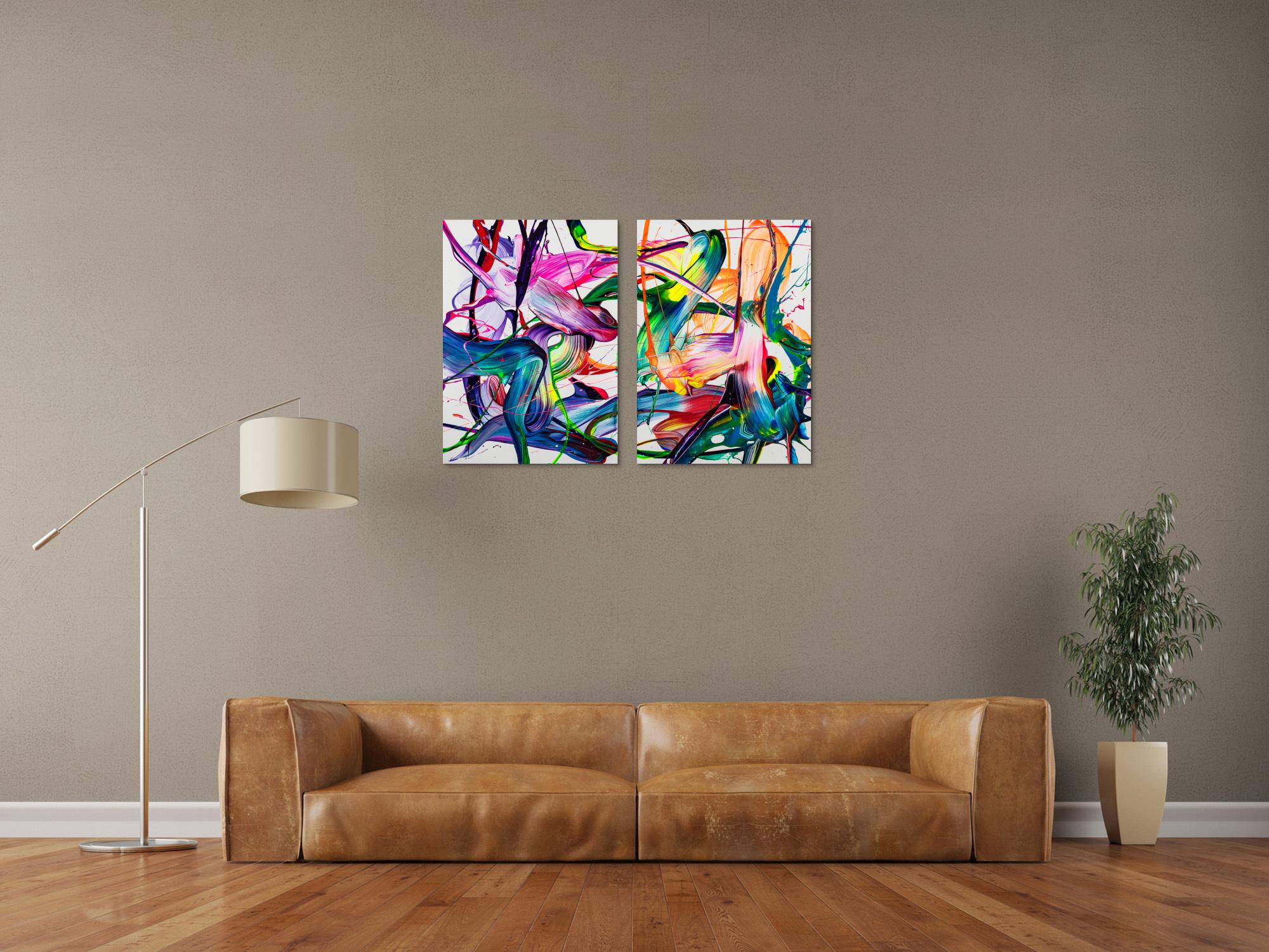 Abstraktes Original Gemälde 70x100cm Action Painting zeitgenössisch handgemalt Fluid Painting bunt weiß blau einzigartig