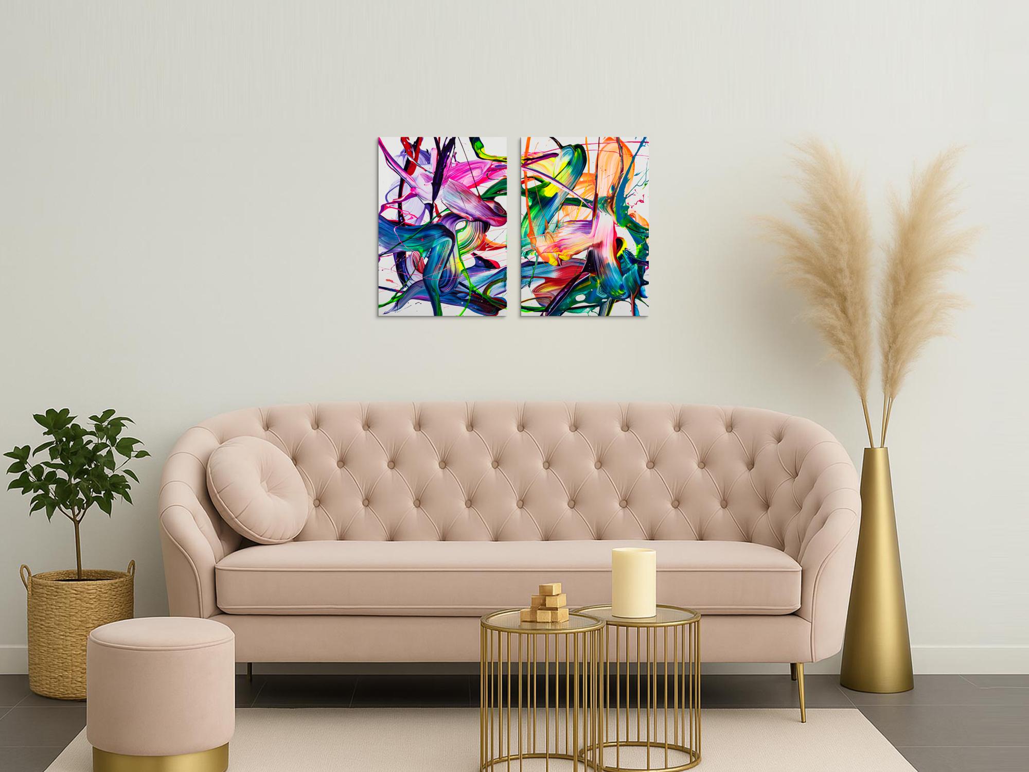 Abstraktes Original Gemälde 70x100cm Action Painting zeitgenössisch handgemalt Fluid Painting bunt weiß blau einzigartig