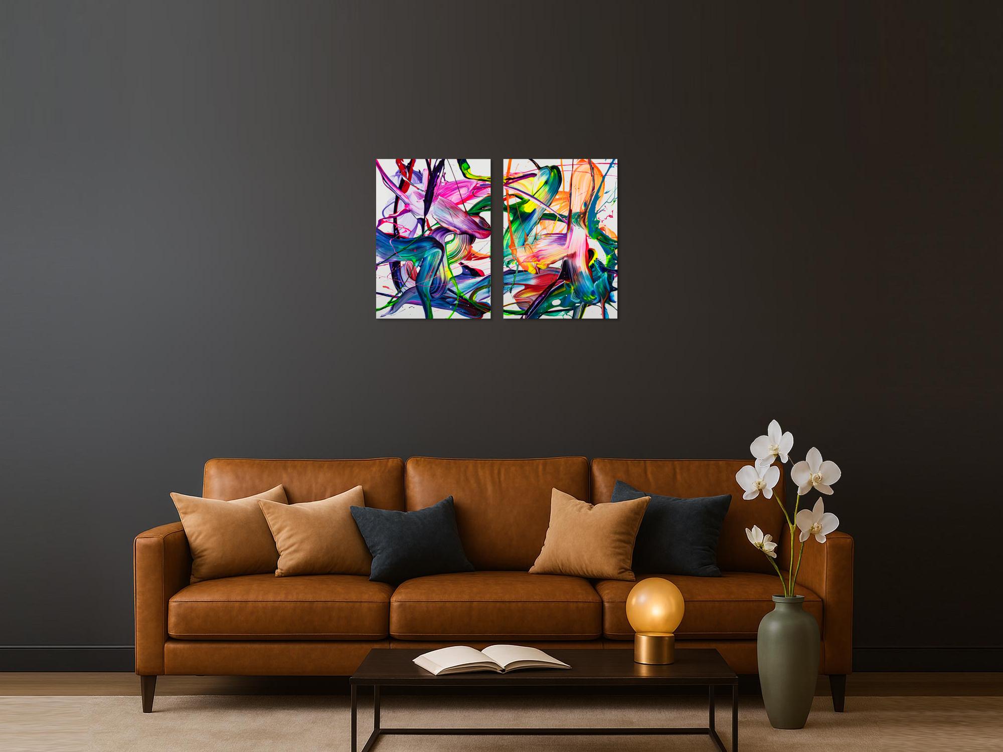 Abstraktes Original Gemälde 70x100cm Action Painting zeitgenössisch handgemalt Fluid Painting bunt weiß blau einzigartig