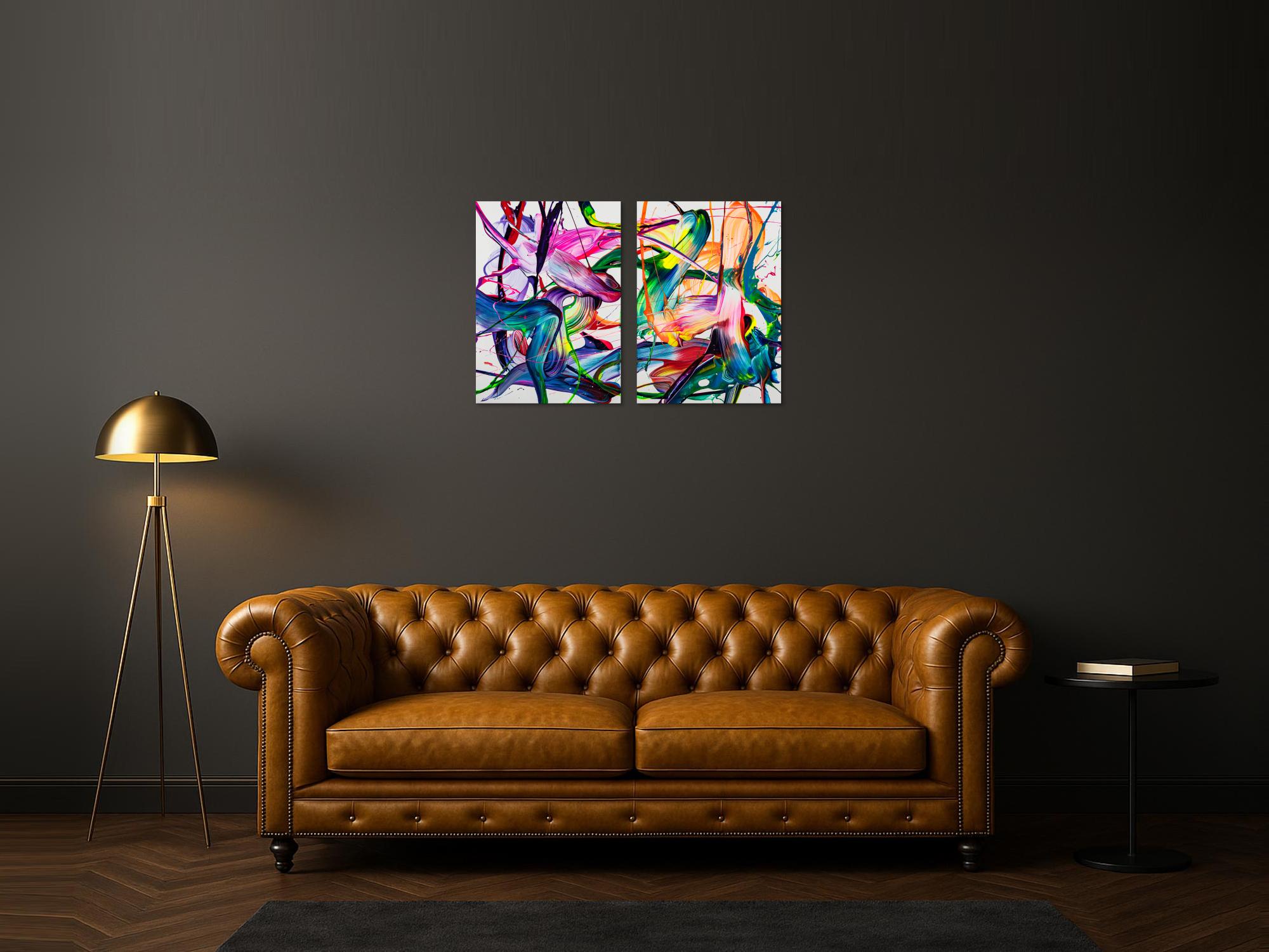 Abstraktes Original Gemälde 70x100cm Action Painting zeitgenössisch handgemalt Fluid Painting bunt weiß blau einzigartig