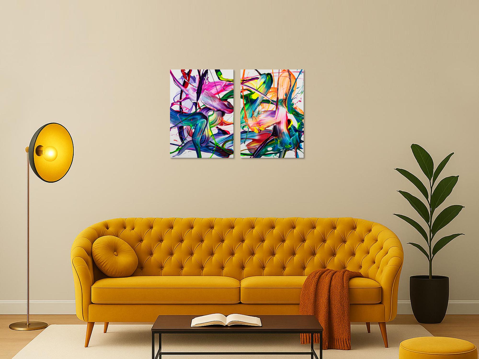 Abstraktes Original Gemälde 70x100cm Action Painting zeitgenössisch handgemalt Fluid Painting bunt weiß blau einzigartig