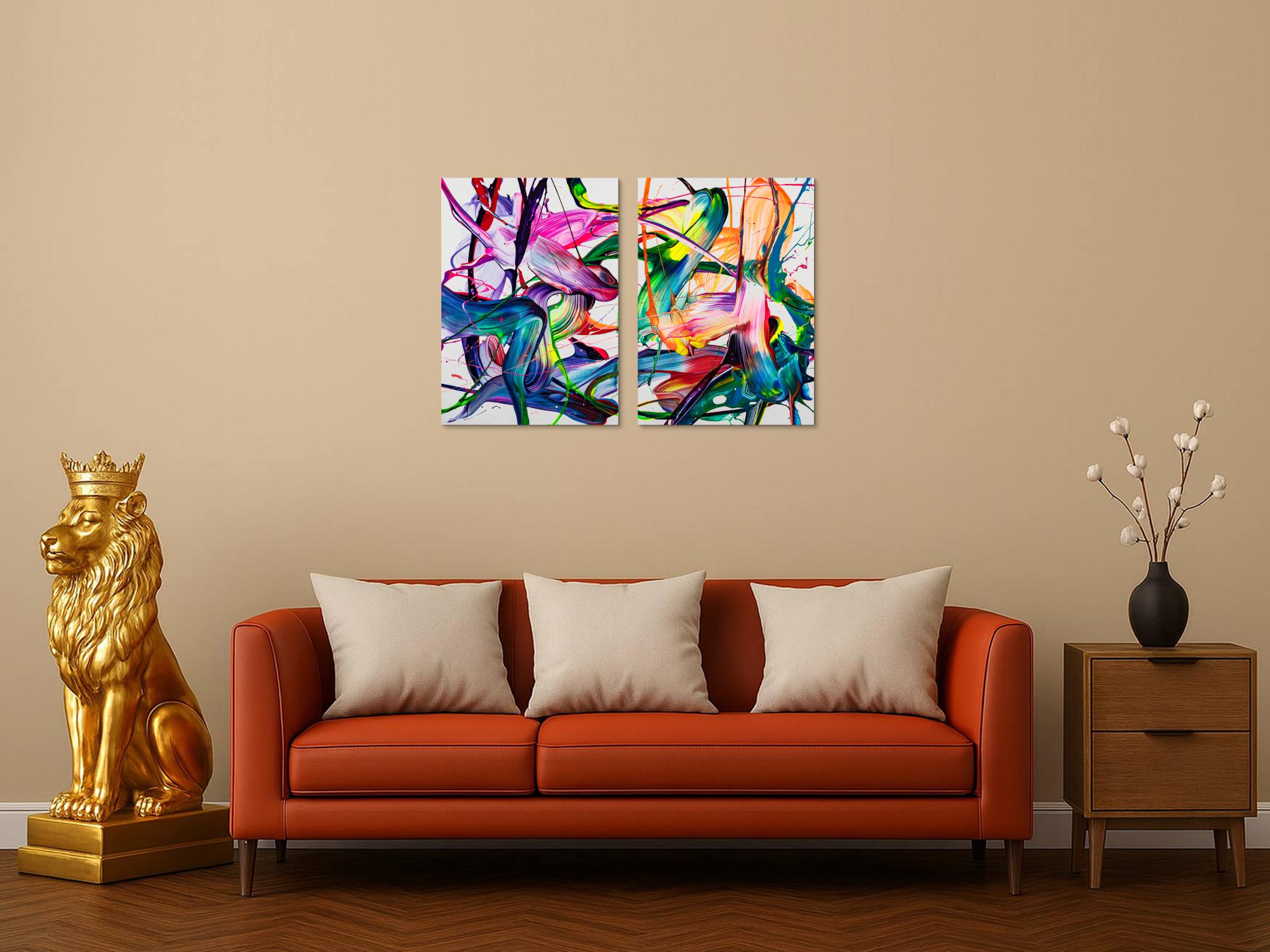 Abstraktes Original Gemälde 70x100cm Action Painting zeitgenössisch handgemalt Fluid Painting bunt weiß blau einzigartig