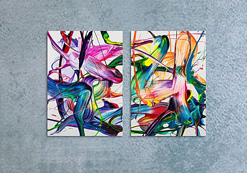 Abstraktes Original Gemälde 70x100cm Action Painting zeitgenössisch handgemalt Fluid Painting bunt weiß blau einzigartig