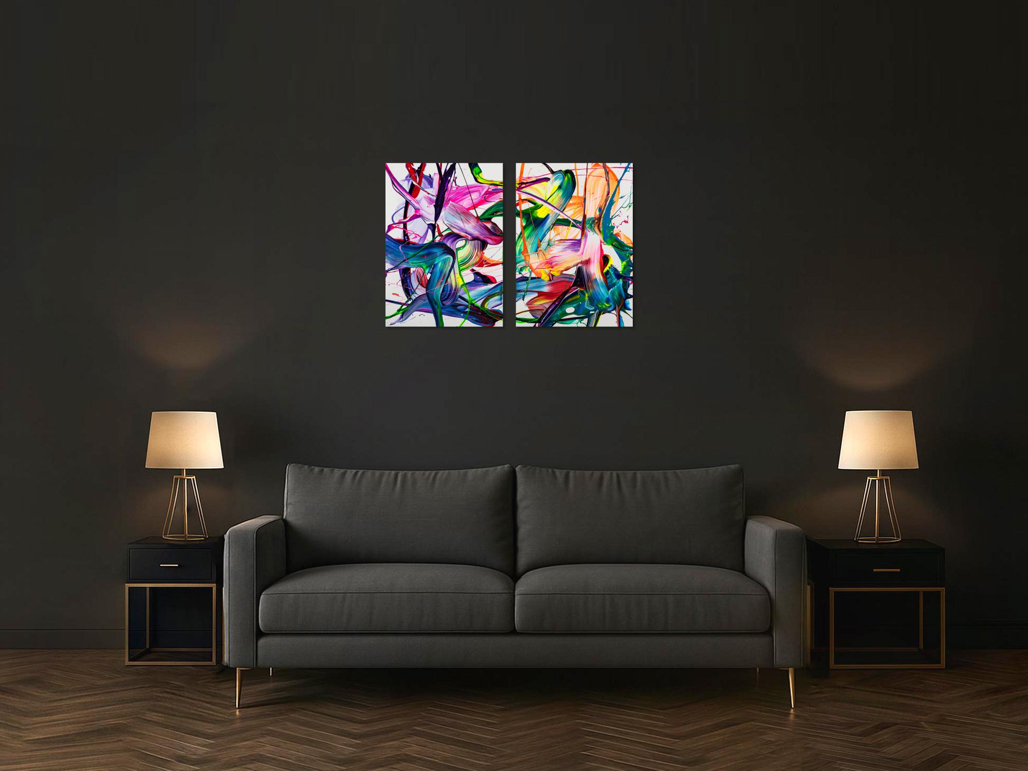 Abstraktes Original Gemälde 70x100cm Action Painting zeitgenössisch handgemalt Fluid Painting bunt weiß blau einzigartig