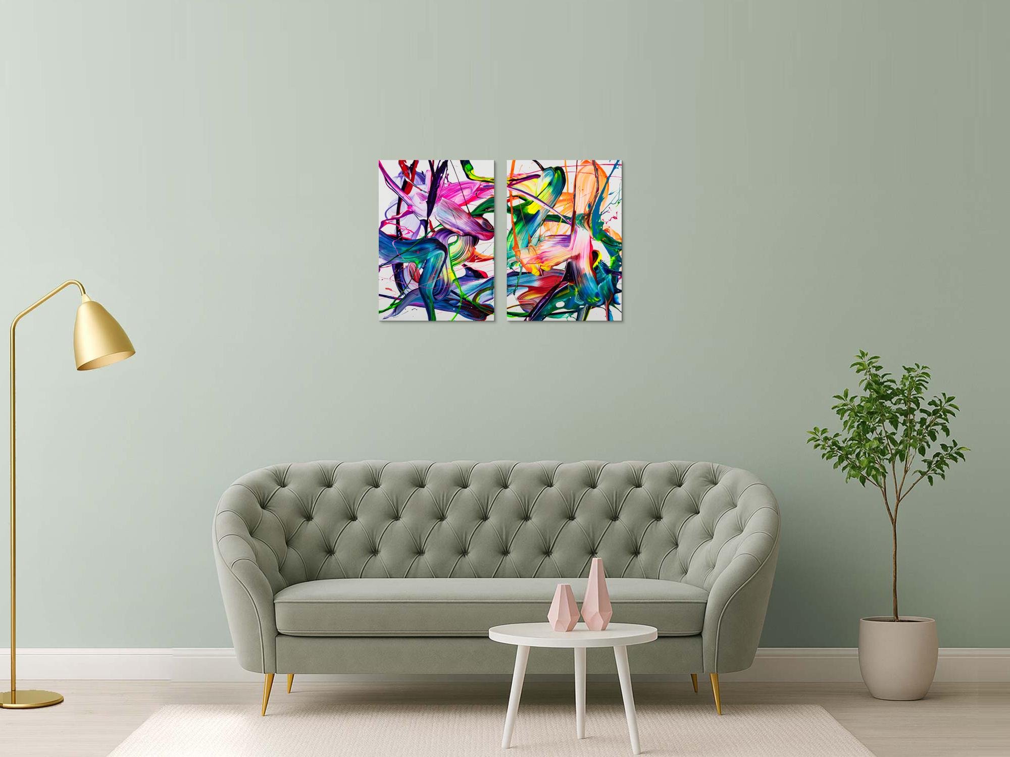 Abstraktes Original Gemälde 70x100cm Action Painting zeitgenössisch handgemalt Fluid Painting bunt weiß blau einzigartig