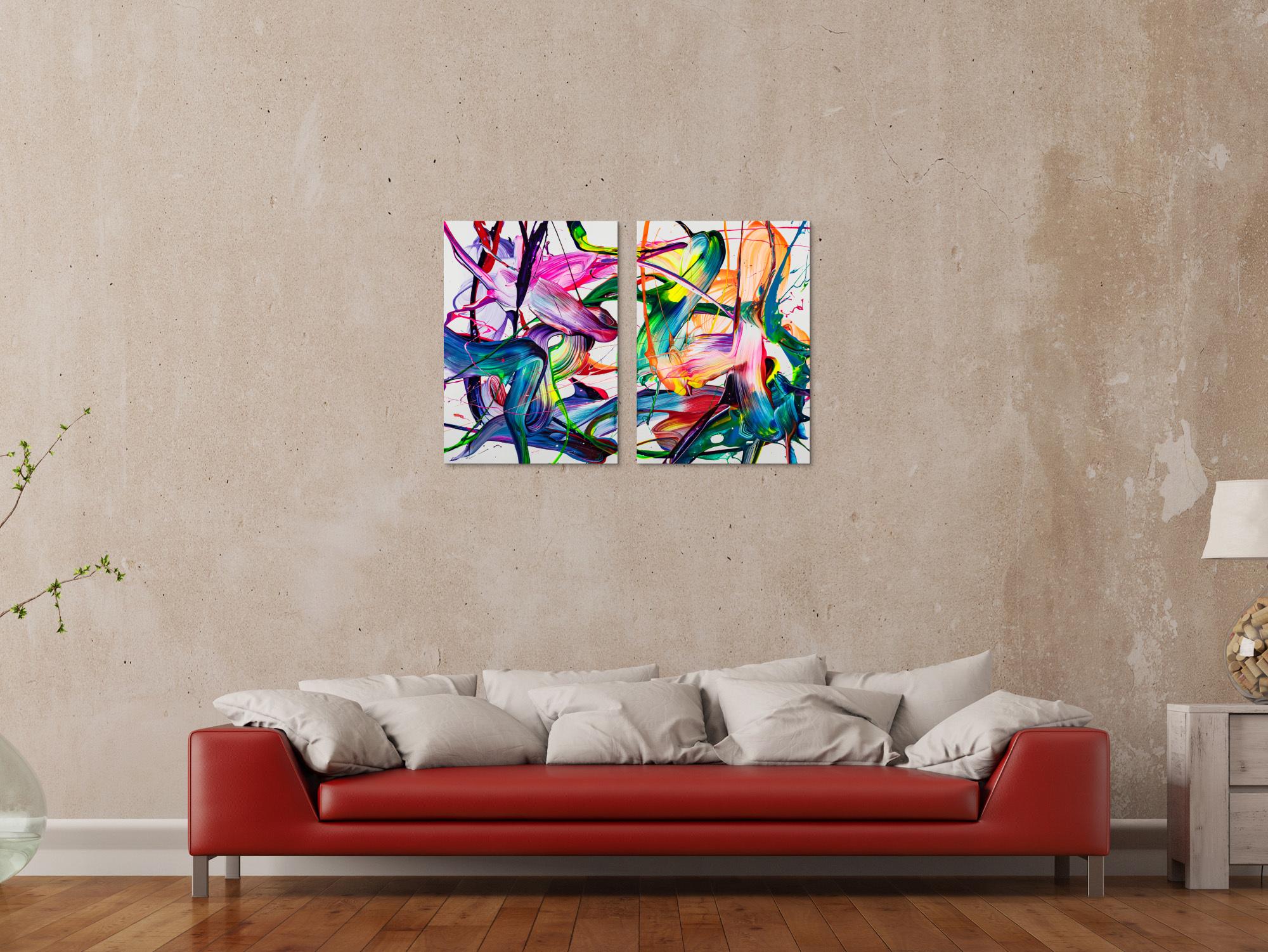 Abstraktes Original Gemälde 70x100cm Action Painting zeitgenössisch handgemalt Fluid Painting bunt weiß blau einzigartig