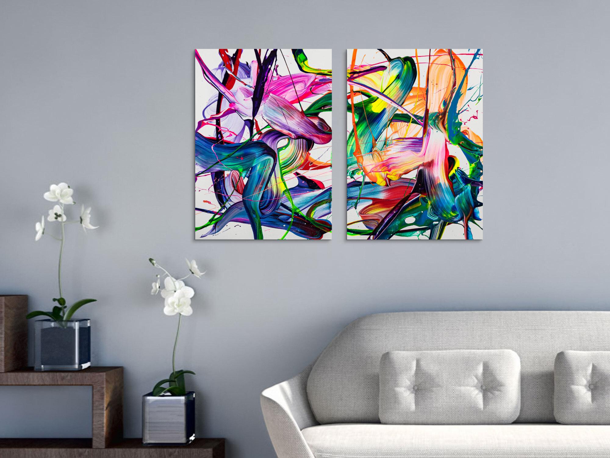 Abstraktes Original Gemälde 70x100cm Action Painting zeitgenössisch handgemalt Fluid Painting bunt weiß blau einzigartig