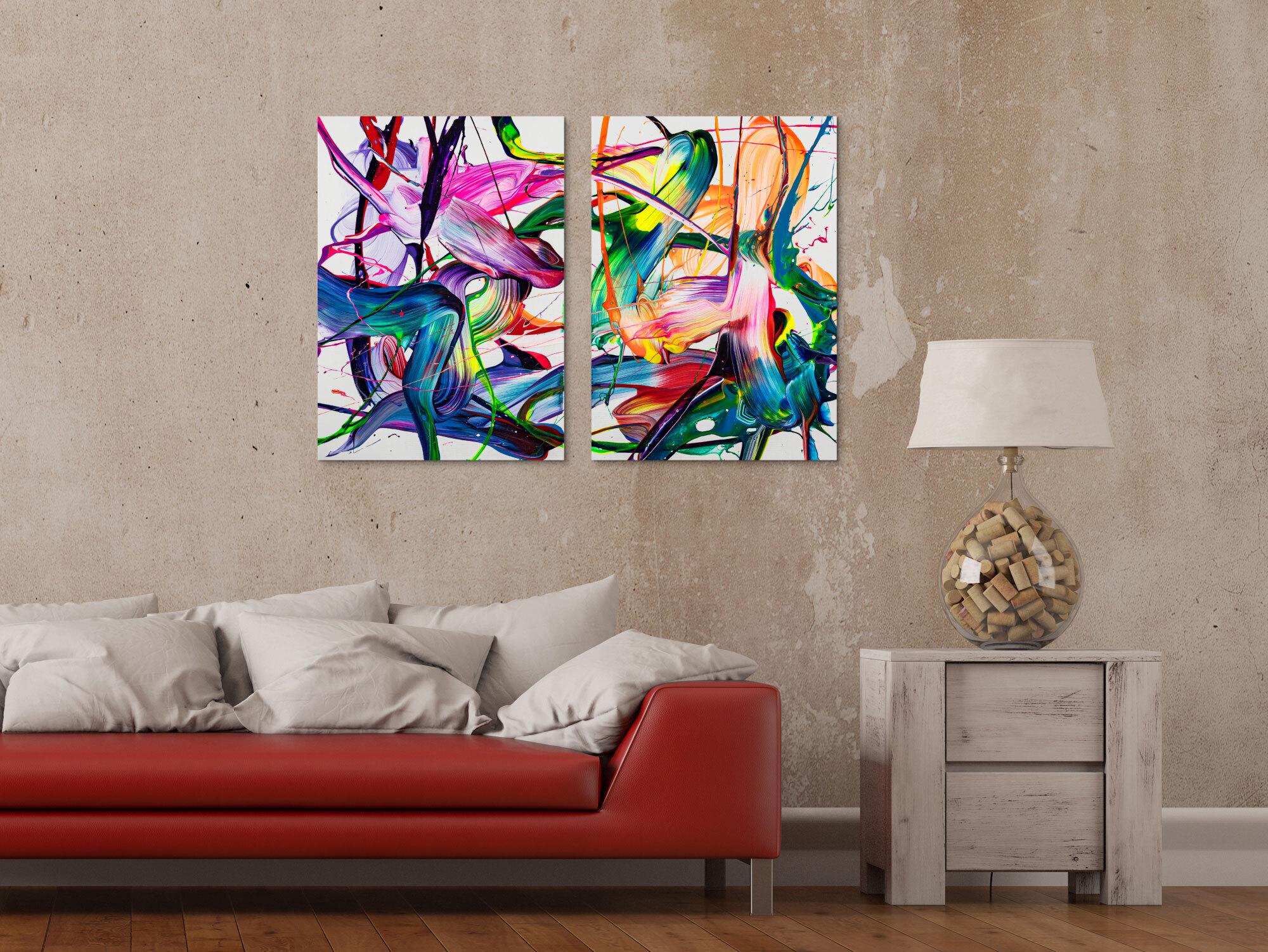 Abstraktes Original Gemälde 70x100cm Action Painting zeitgenössisch handgemalt Fluid Painting bunt weiß blau einzigartig