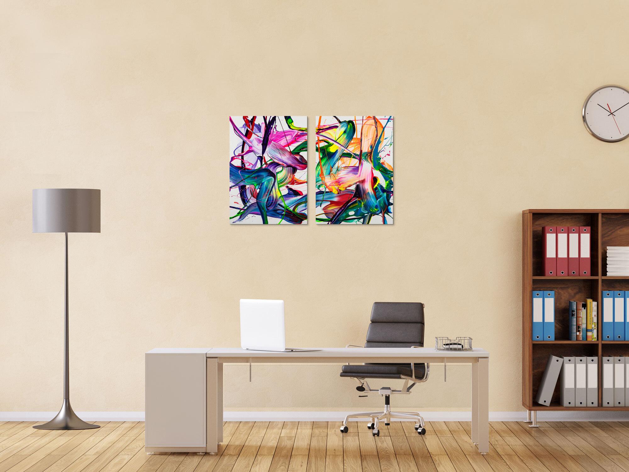 Abstraktes Original Gemälde 70x100cm Action Painting zeitgenössisch handgemalt Fluid Painting bunt weiß blau einzigartig