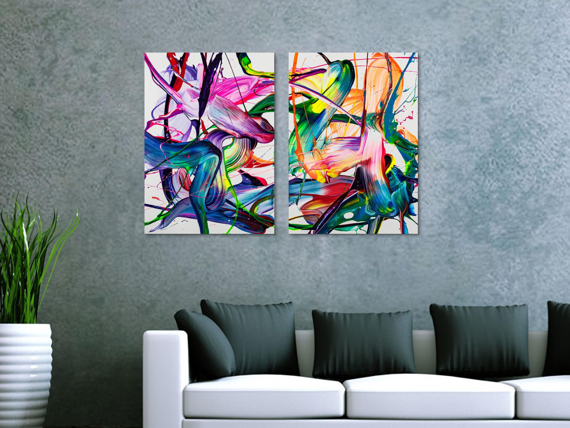 Abstraktes Original Gemälde 70x100cm Action Painting zeitgenössisch handgemalt Fluid Painting bunt weiß blau einzigartig