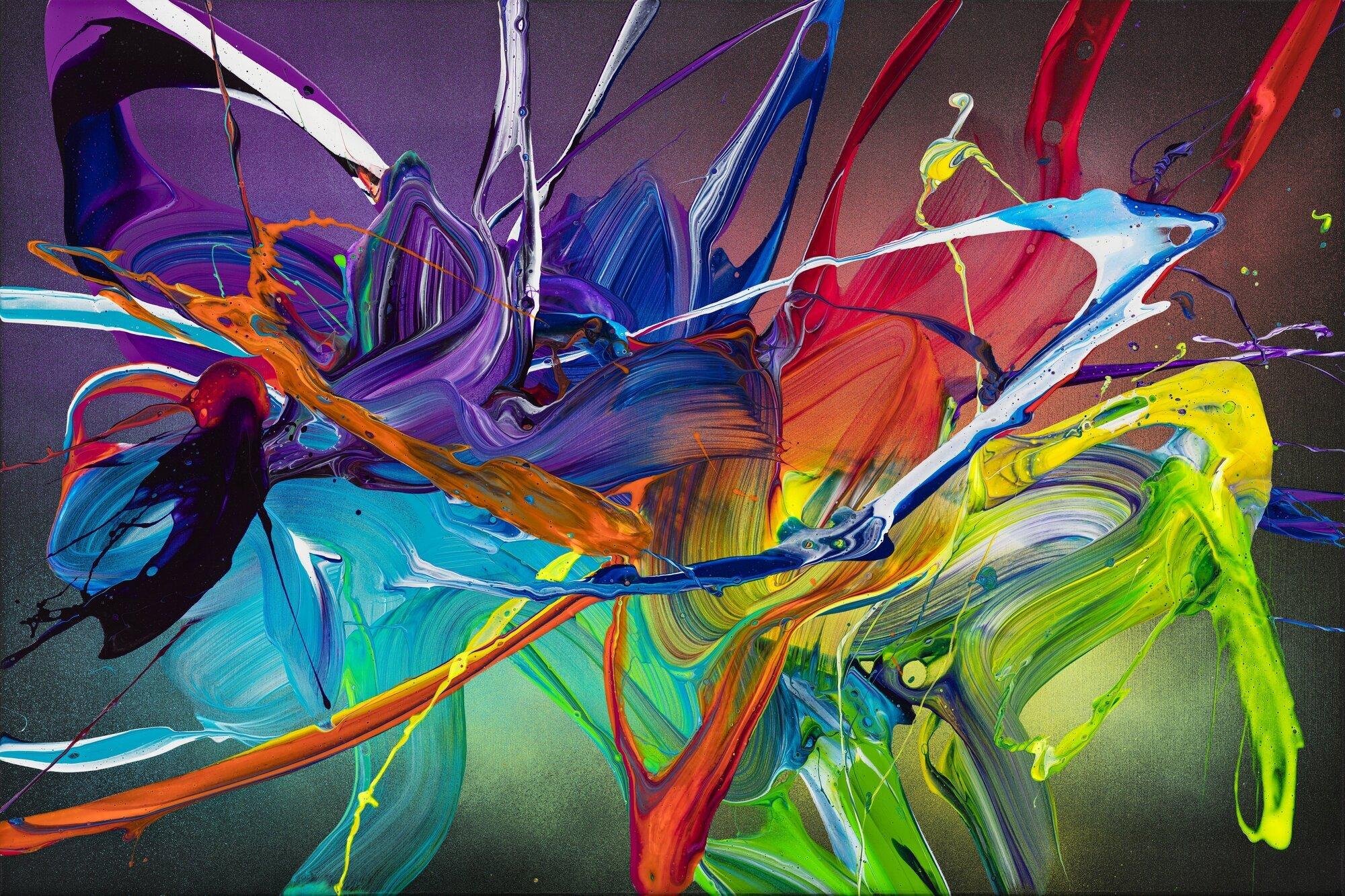 Original Gemälde abstrakt 60x90cm Action Painting zeitgenössisch handgemalt Fluid Painting bunt schwarz violett Unikat