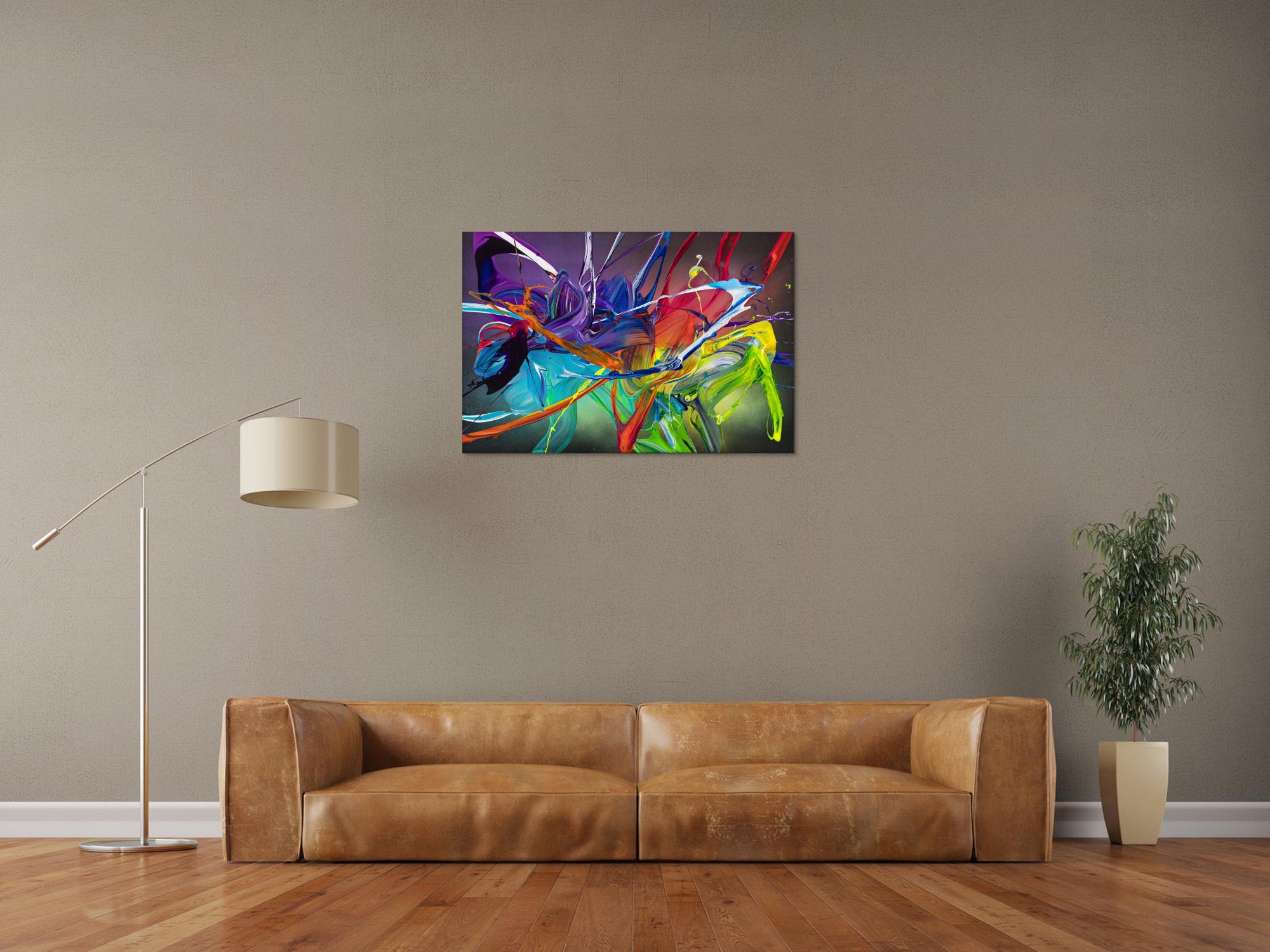 Original Gemälde abstrakt 60x90cm Action Painting zeitgenössisch handgemalt Fluid Painting bunt schwarz violett Unikat