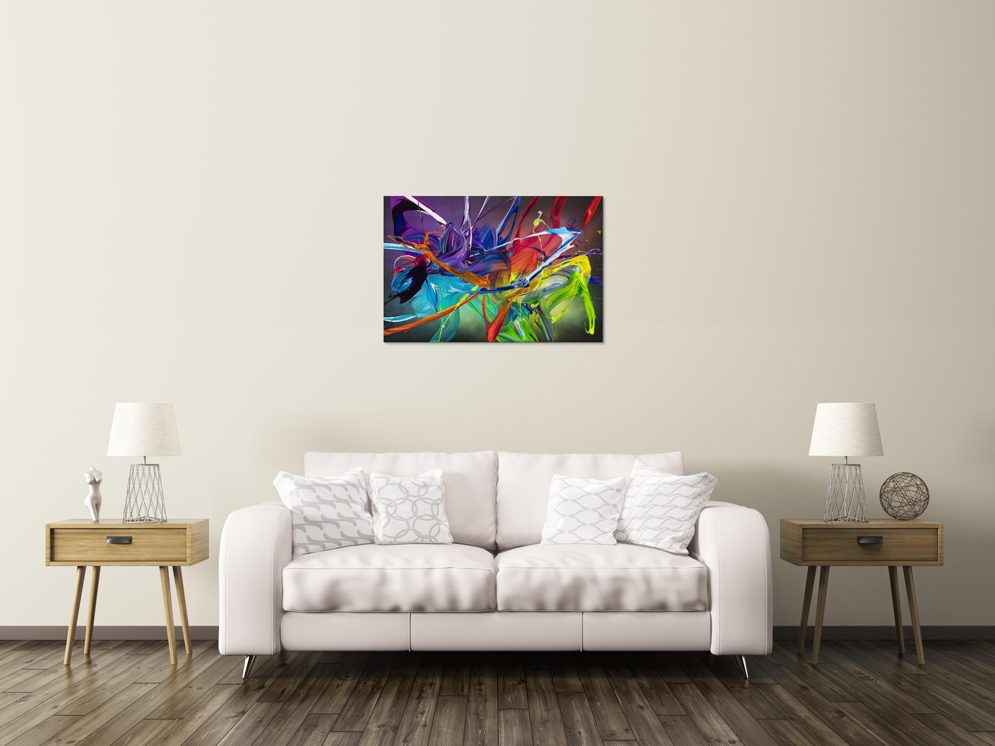 Original Gemälde abstrakt 60x90cm Action Painting zeitgenössisch handgemalt Fluid Painting bunt schwarz violett Unikat