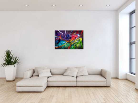 Original Gemälde abstrakt 60x90cm Action Painting zeitgenössisch handgemalt Fluid Painting bunt schwarz violett Unikat