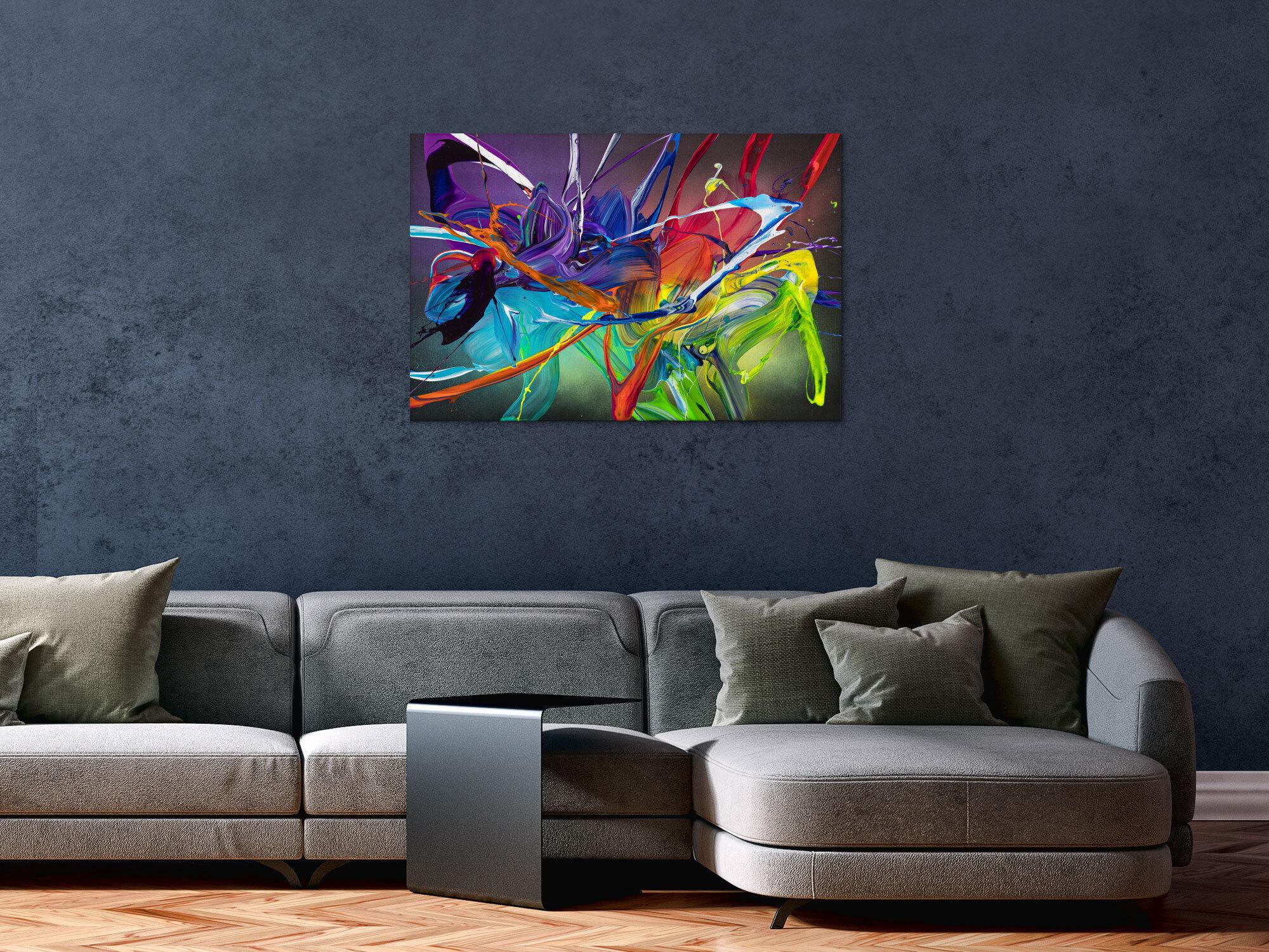 Original Gemälde abstrakt 60x90cm Action Painting zeitgenössisch handgemalt Fluid Painting bunt schwarz violett Unikat