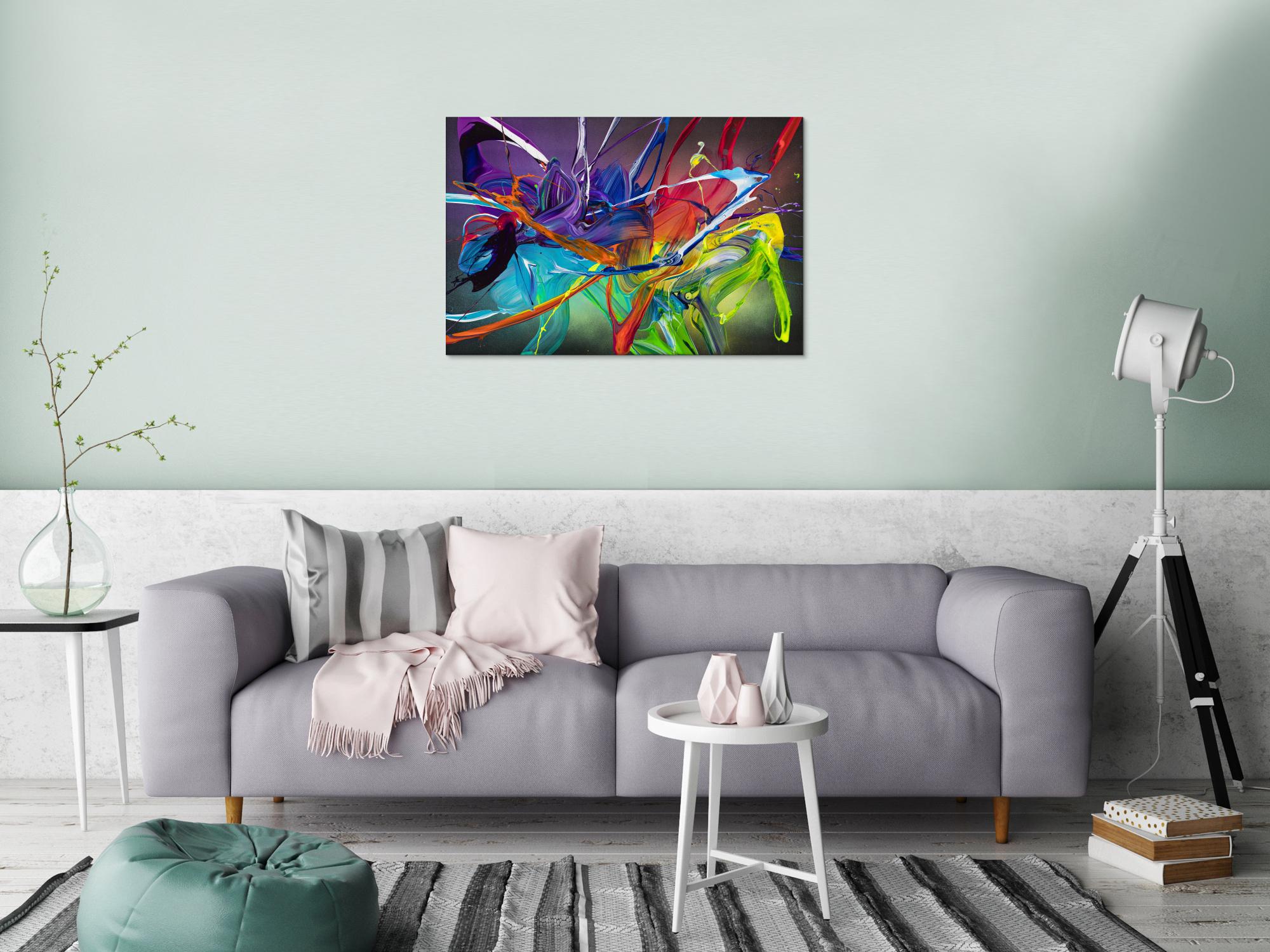 Original Gemälde abstrakt 60x90cm Action Painting zeitgenössisch handgemalt Fluid Painting bunt schwarz violett Unikat