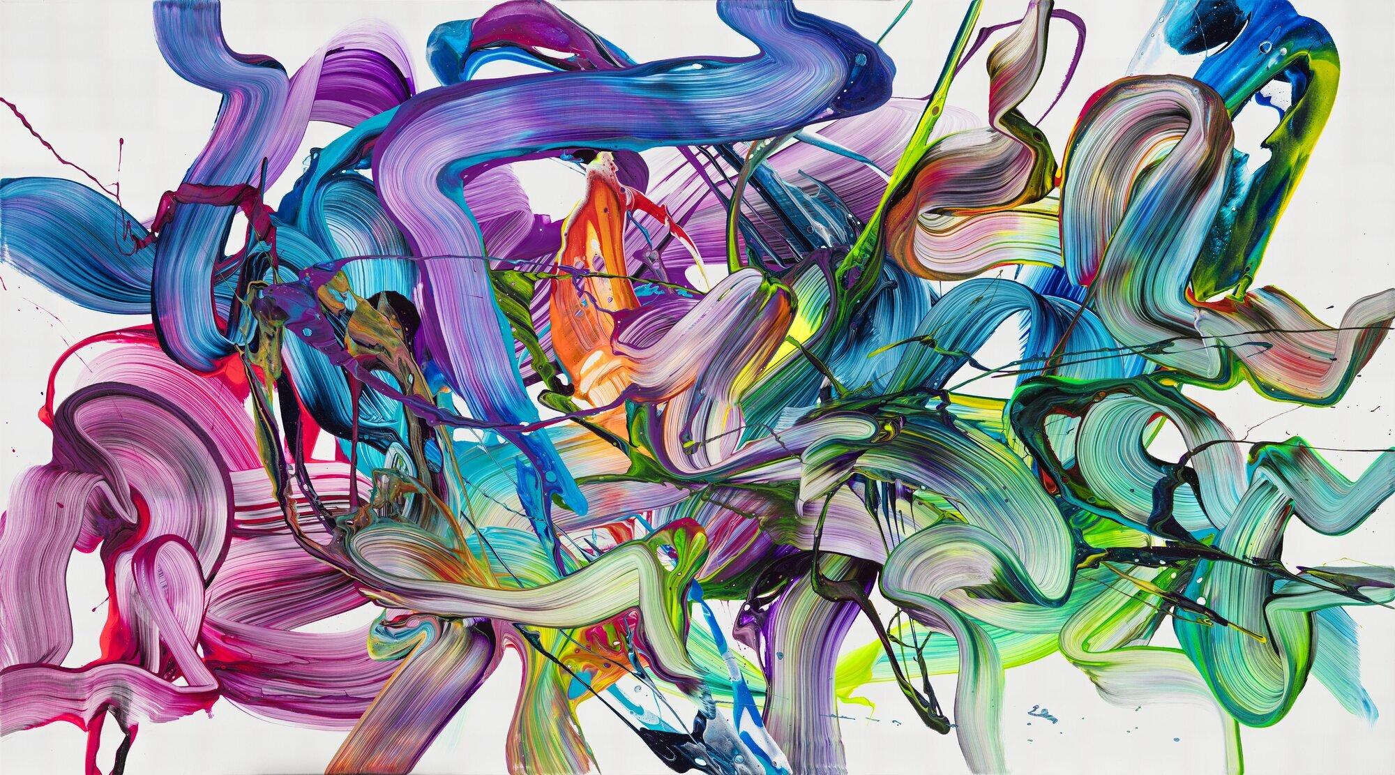 Abstraktes Original Gemälde 100x180cm Action Painting zeitgenössisch auf Leinwand Fluid Painting weiß bunt grün hochwertig