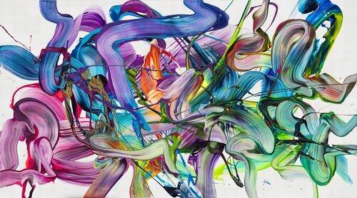 Abstraktes Original Gemälde 100x180cm Action Painting zeitgenössisch auf Leinwand Fluid Painting weiß bunt grün hochwertig