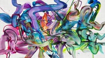 Abstraktes Original Gemälde 100x180cm Action Painting zeitgenössisch auf Leinwand Fluid Painting weiß bunt grün hochwertig