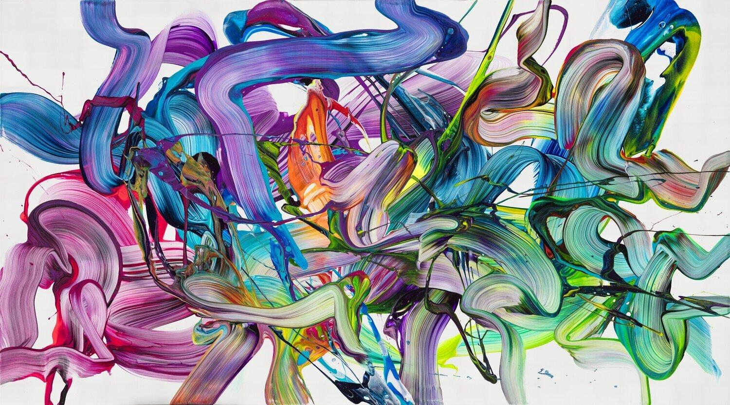 Abstraktes Gemälde auf Leinwand Abstraktes Original Gemälde 100x180cm Action Painting zeitgenössisch auf Leinwand Fluid Painting weiß bunt grün hochwertig in 100x180cm von Alex Zerr