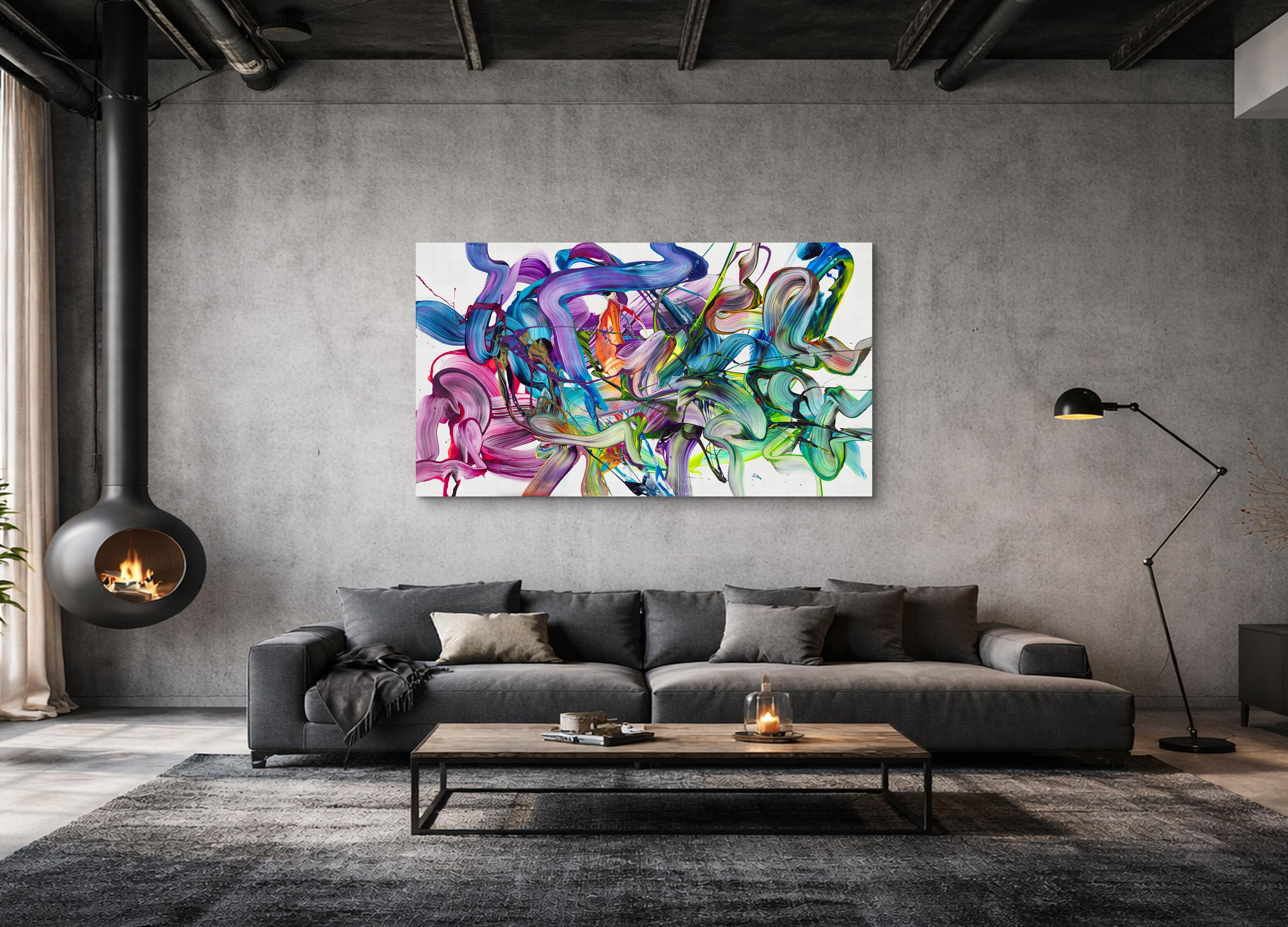 Abstraktes Original Gemälde 100x180cm Action Painting zeitgenössisch auf Leinwand Fluid Painting weiß bunt grün hochwertig