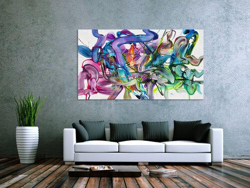 Abstraktes Original Gemälde 100x180cm Action Painting zeitgenössisch auf Leinwand Fluid Painting weiß bunt grün hochwertig