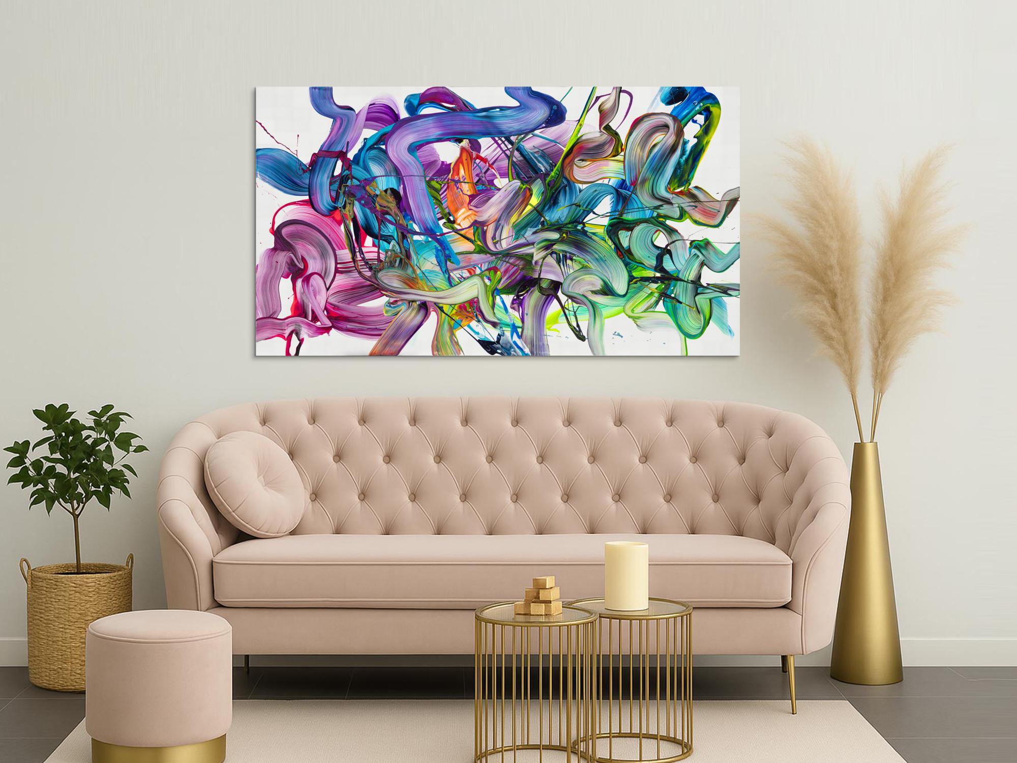 Abstraktes Original Gemälde 100x180cm Action Painting zeitgenössisch auf Leinwand Fluid Painting weiß bunt grün hochwertig