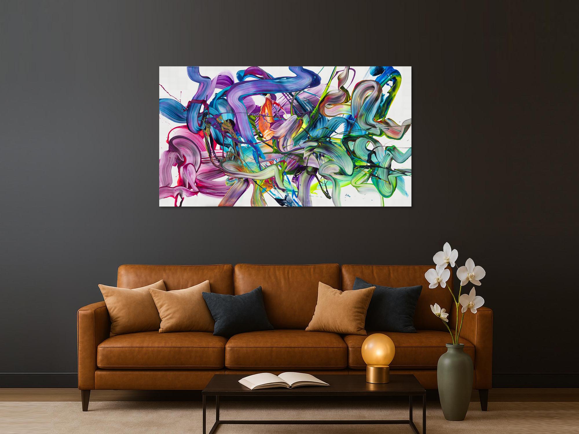 Abstraktes Original Gemälde 100x180cm Action Painting zeitgenössisch auf Leinwand Fluid Painting weiß bunt grün hochwertig