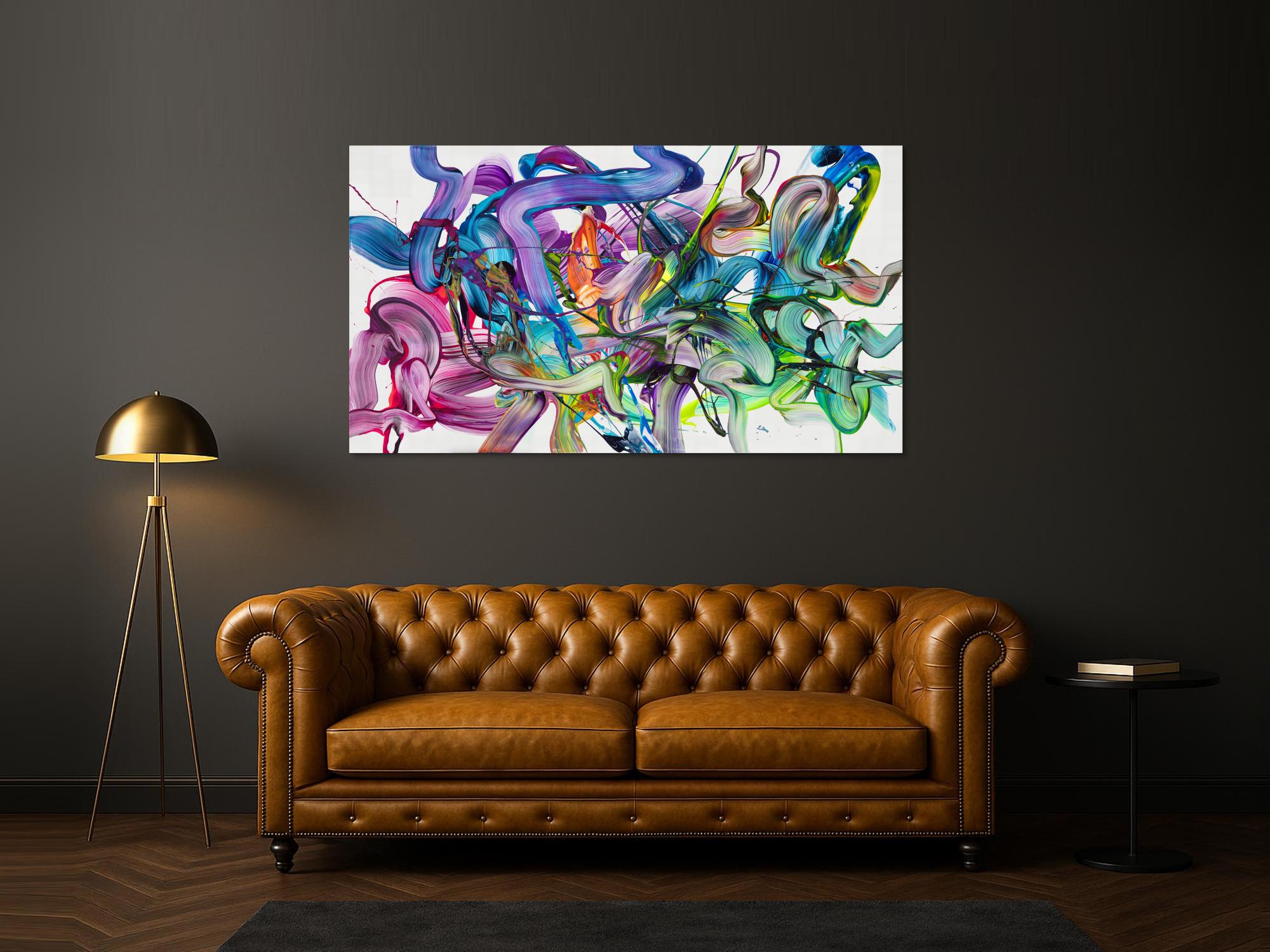 Abstraktes Original Gemälde 100x180cm Action Painting zeitgenössisch auf Leinwand Fluid Painting weiß bunt grün hochwertig