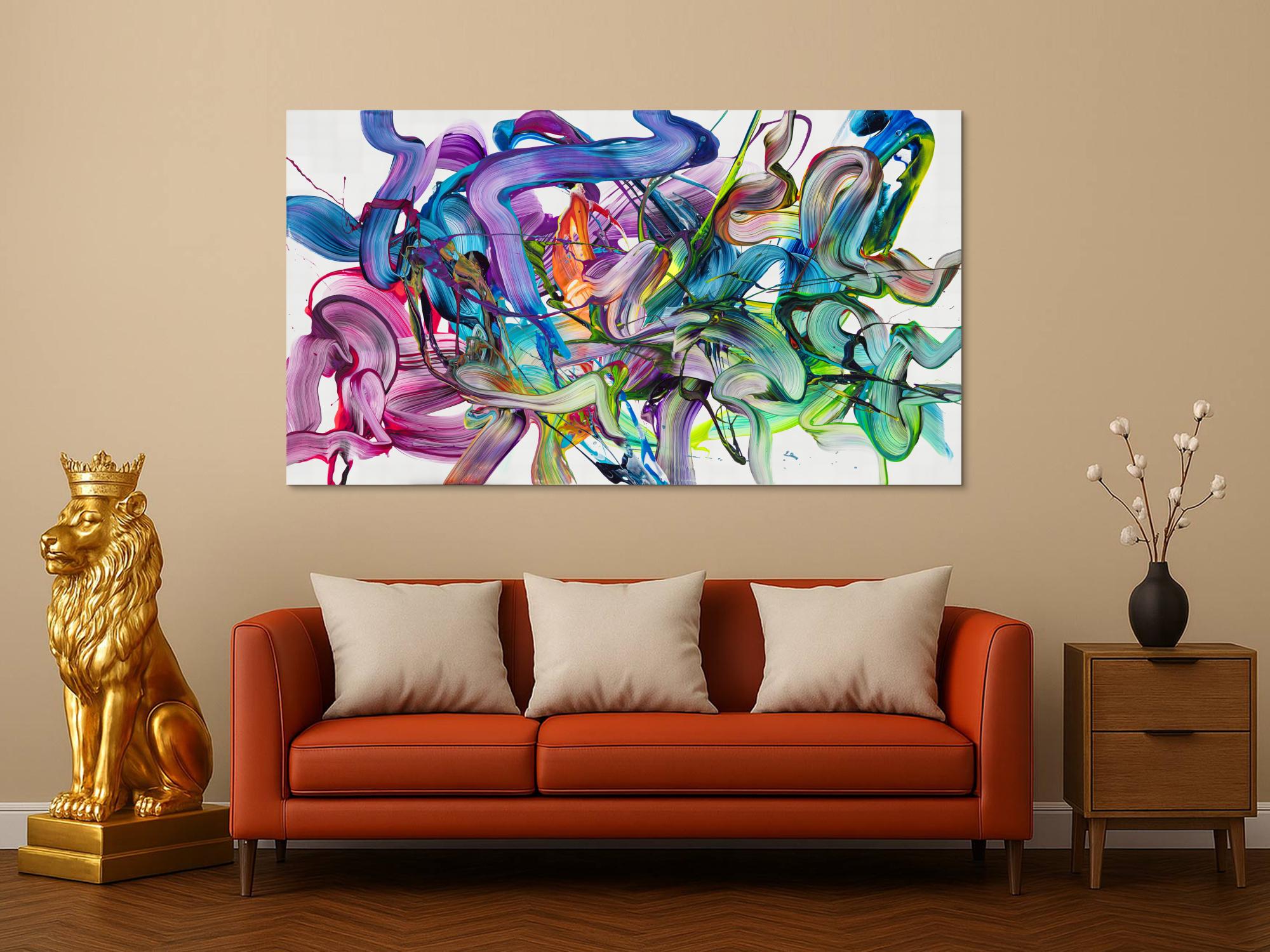 Abstraktes Original Gemälde 100x180cm Action Painting zeitgenössisch auf Leinwand Fluid Painting weiß bunt grün hochwertig