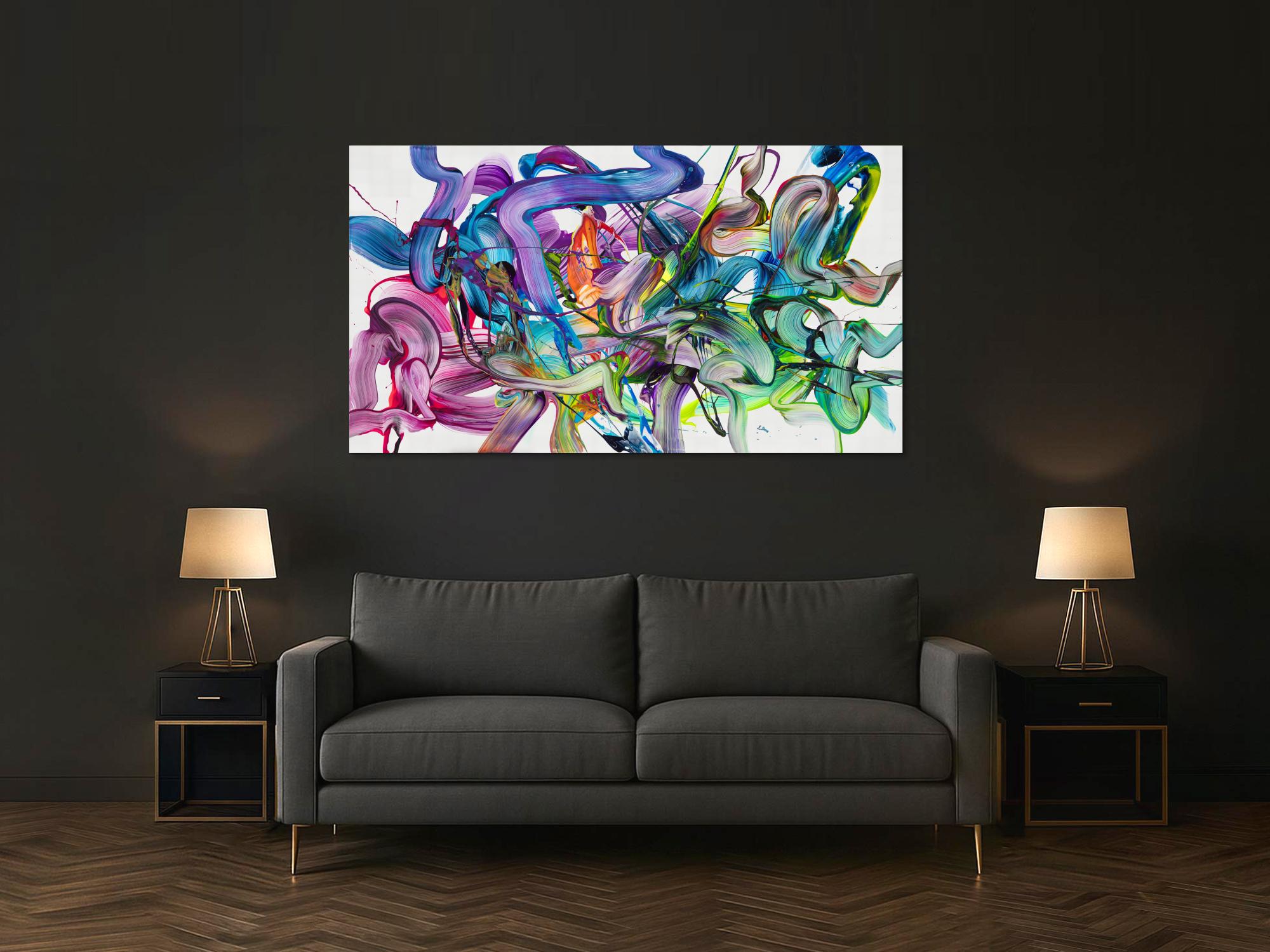 Abstraktes Original Gemälde 100x180cm Action Painting zeitgenössisch auf Leinwand Fluid Painting weiß bunt grün hochwertig