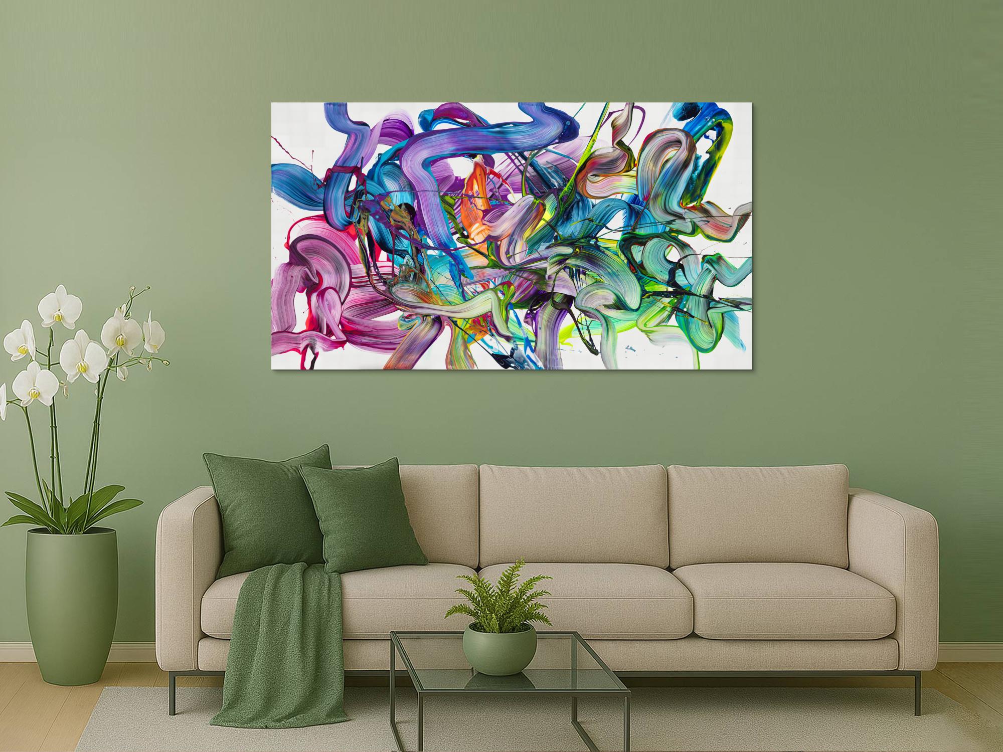 Abstraktes Original Gemälde 100x180cm Action Painting zeitgenössisch auf Leinwand Fluid Painting weiß bunt grün hochwertig