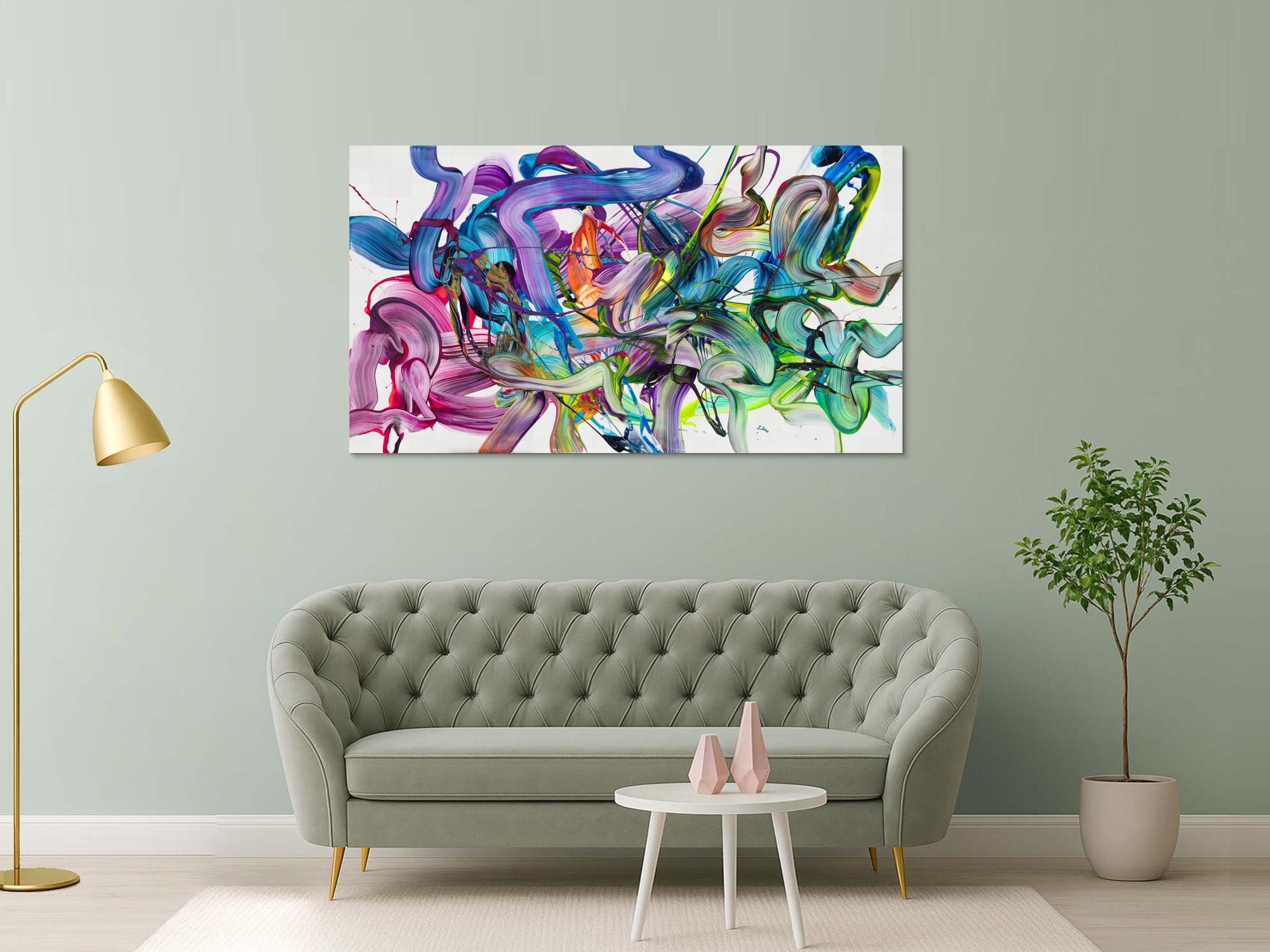 Abstraktes Original Gemälde 100x180cm Action Painting zeitgenössisch auf Leinwand Fluid Painting weiß bunt grün hochwertig