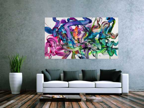 Abstraktes Original Gemälde 100x180cm Action Painting zeitgenössisch auf Leinwand Fluid Painting weiß bunt grün hochwertig