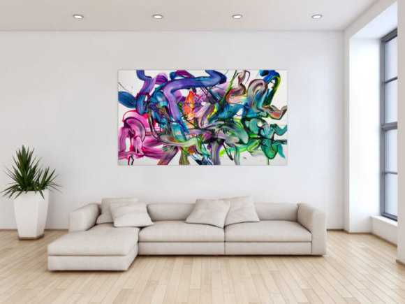 Abstraktes Original Gemälde 100x180cm Action Painting zeitgenössisch auf Leinwand Fluid Painting weiß bunt grün hochwertig