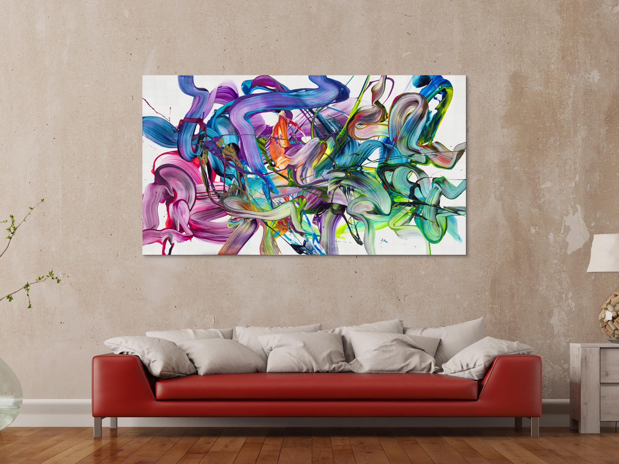 Abstraktes Original Gemälde 100x180cm Action Painting zeitgenössisch auf Leinwand Fluid Painting weiß bunt grün hochwertig