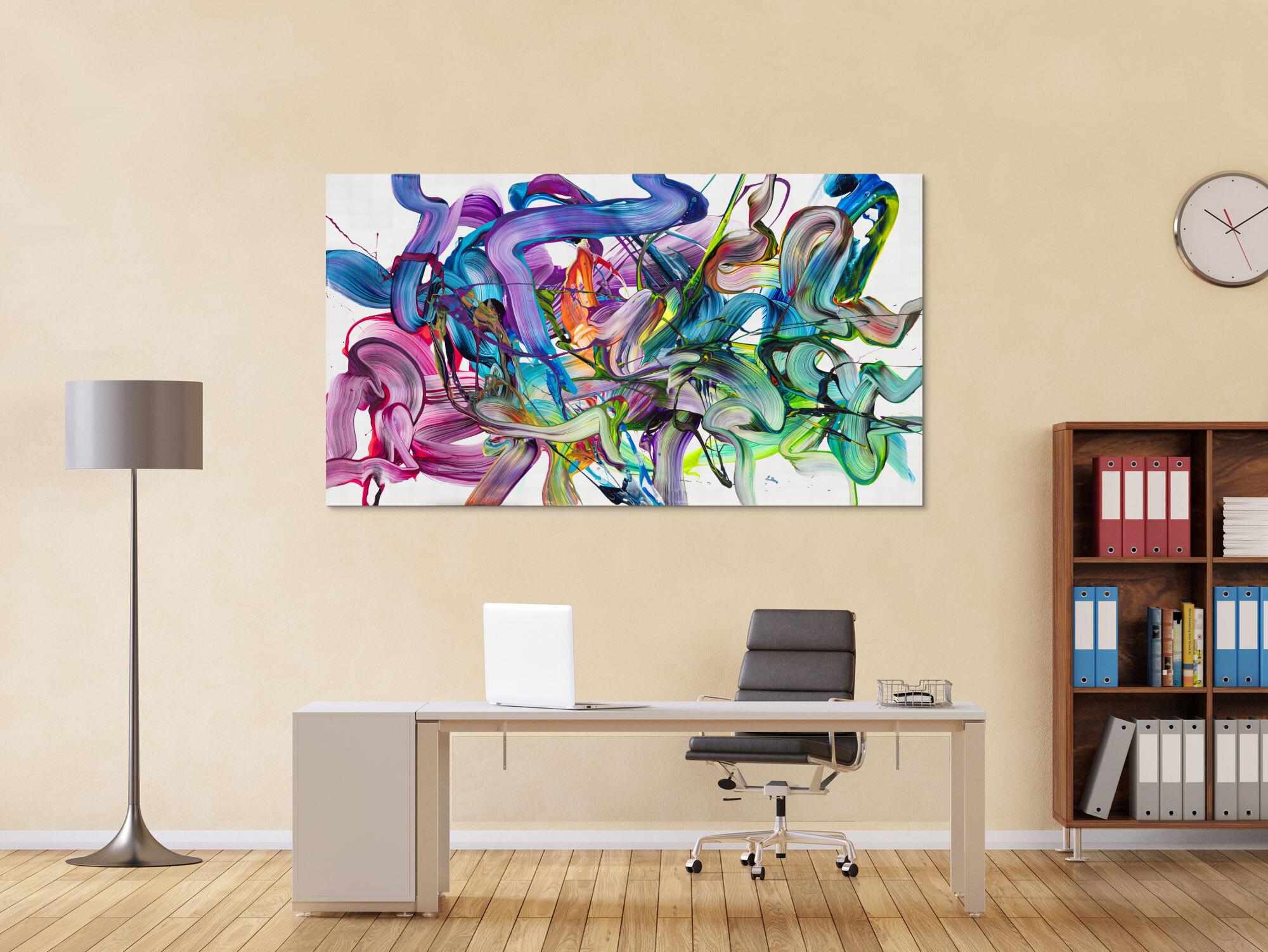 Abstraktes Original Gemälde 100x180cm Action Painting zeitgenössisch auf Leinwand Fluid Painting weiß bunt grün hochwertig