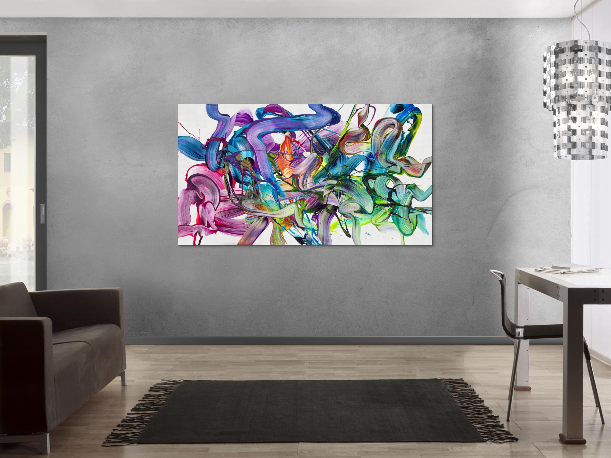 Abstraktes Original Gemälde 100x180cm Action Painting zeitgenössisch auf Leinwand Fluid Painting weiß bunt grün hochwertig