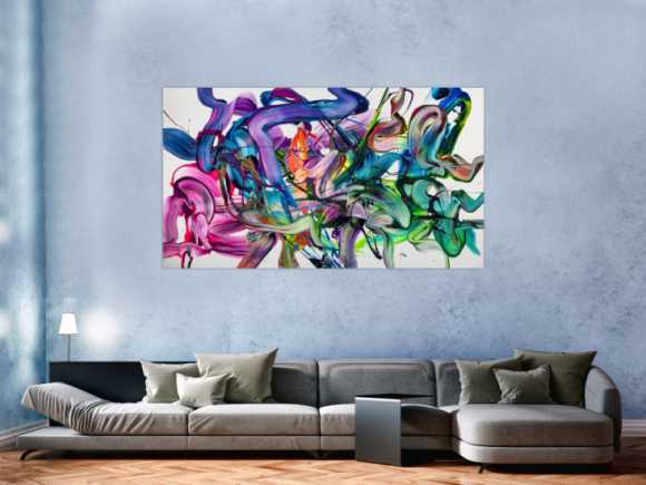 Abstraktes Original Gemälde 100x180cm Action Painting zeitgenössisch auf Leinwand Fluid Painting weiß bunt grün hochwertig