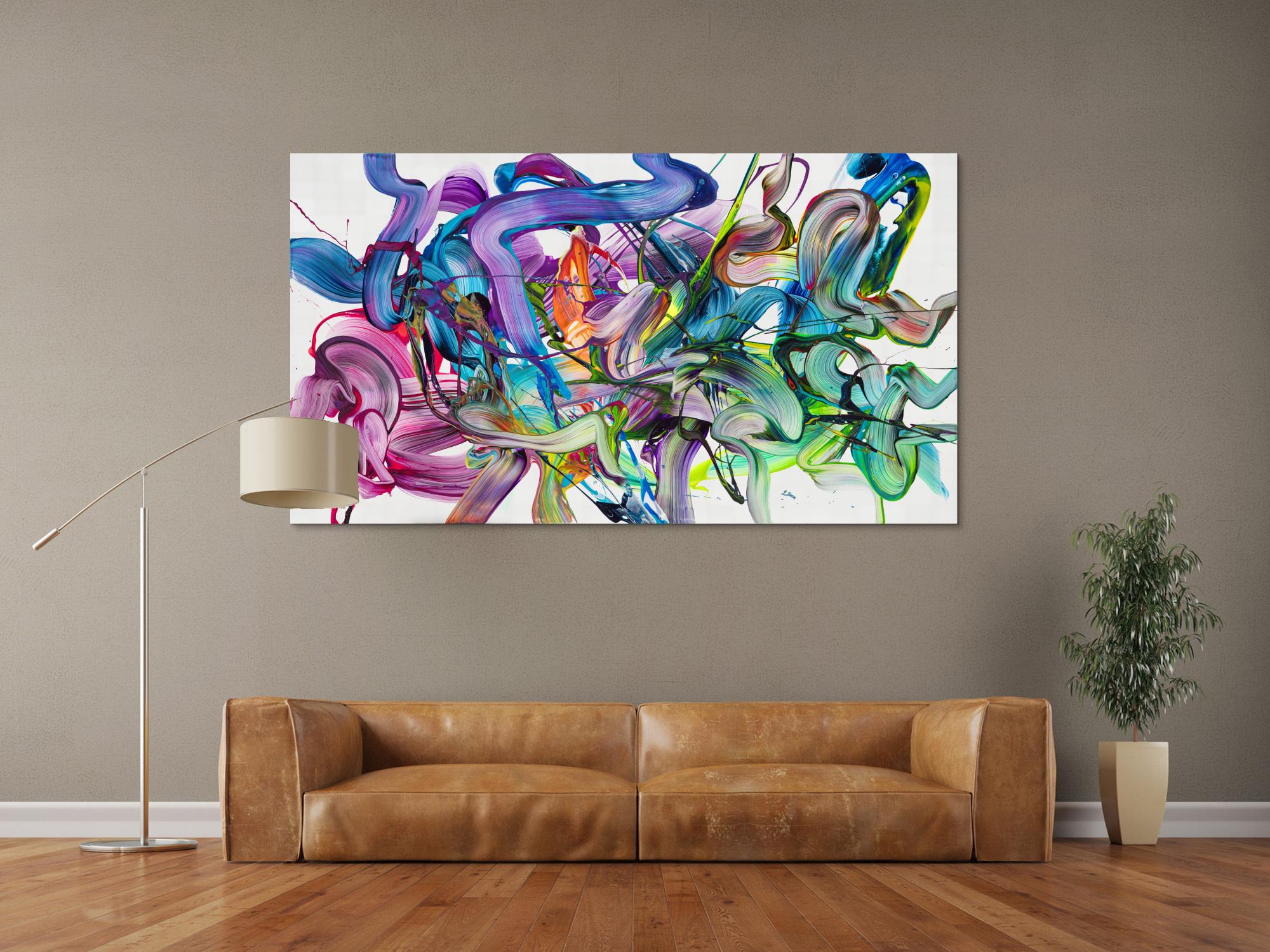 Abstraktes Original Gemälde 100x180cm Action Painting zeitgenössisch auf Leinwand Fluid Painting weiß bunt grün hochwertig