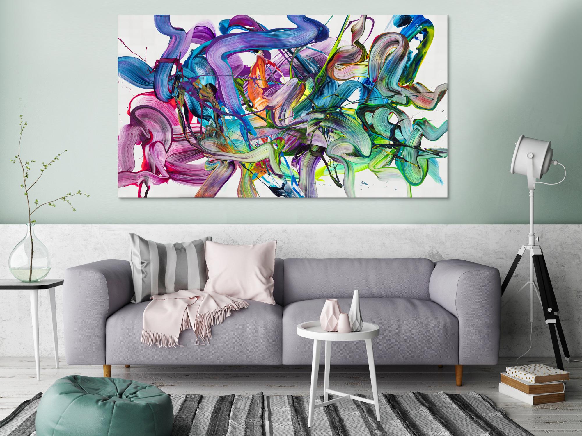 Abstraktes Original Gemälde 100x180cm Action Painting zeitgenössisch auf Leinwand Fluid Painting weiß bunt grün hochwertig