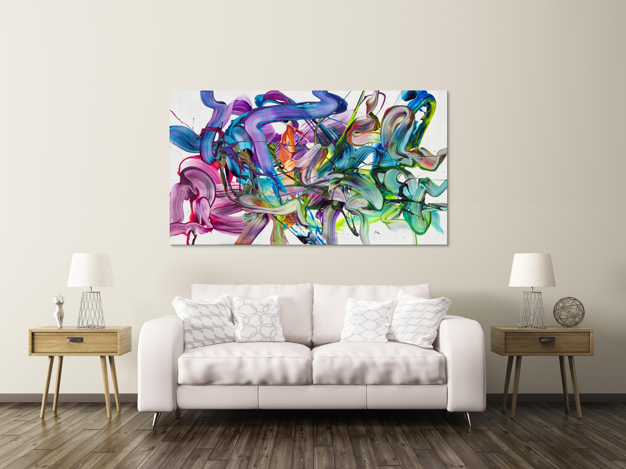 Abstraktes Original Gemälde 100x180cm Action Painting zeitgenössisch auf Leinwand Fluid Painting weiß bunt grün hochwertig